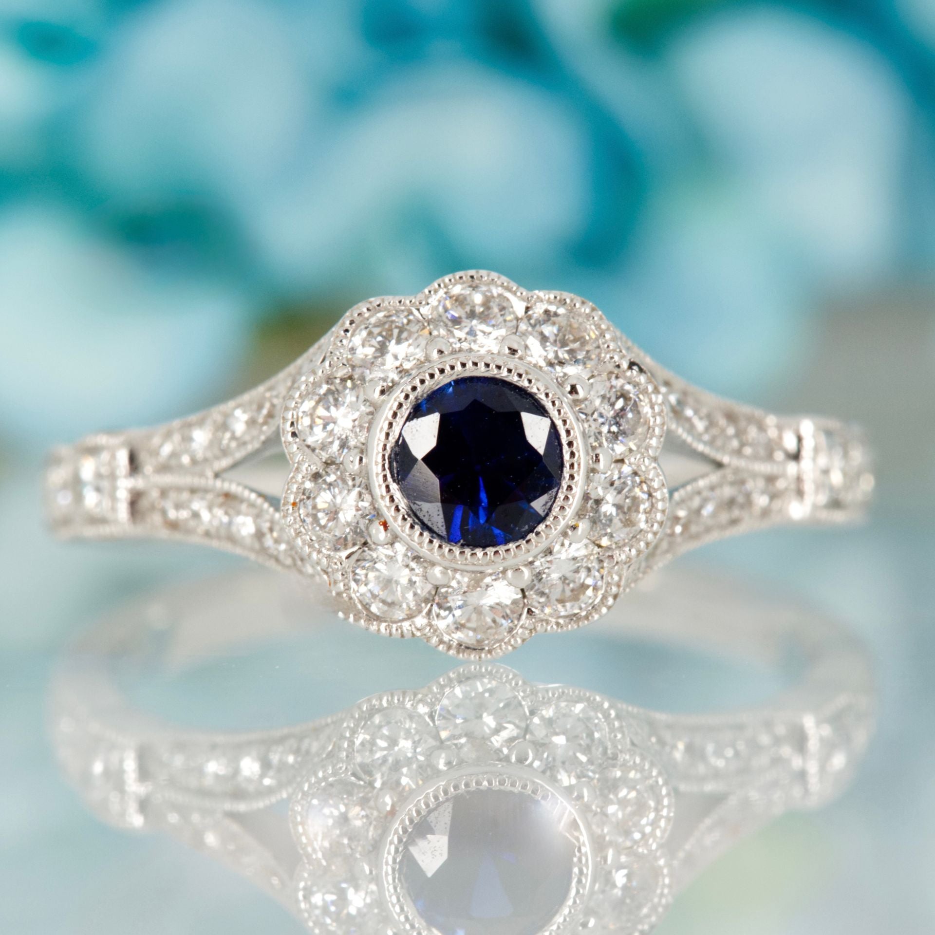 18ct White Gold Round Cut Sapphire & Diamond Flower Cluster Ring