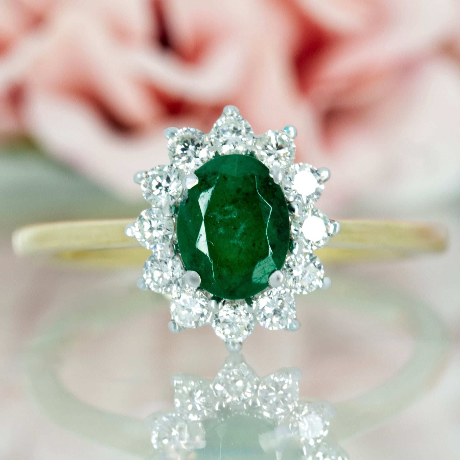 9ct Yellow Gold Oval Cut Emerald & Round Brilliant Cut Diamond Cluster Ring