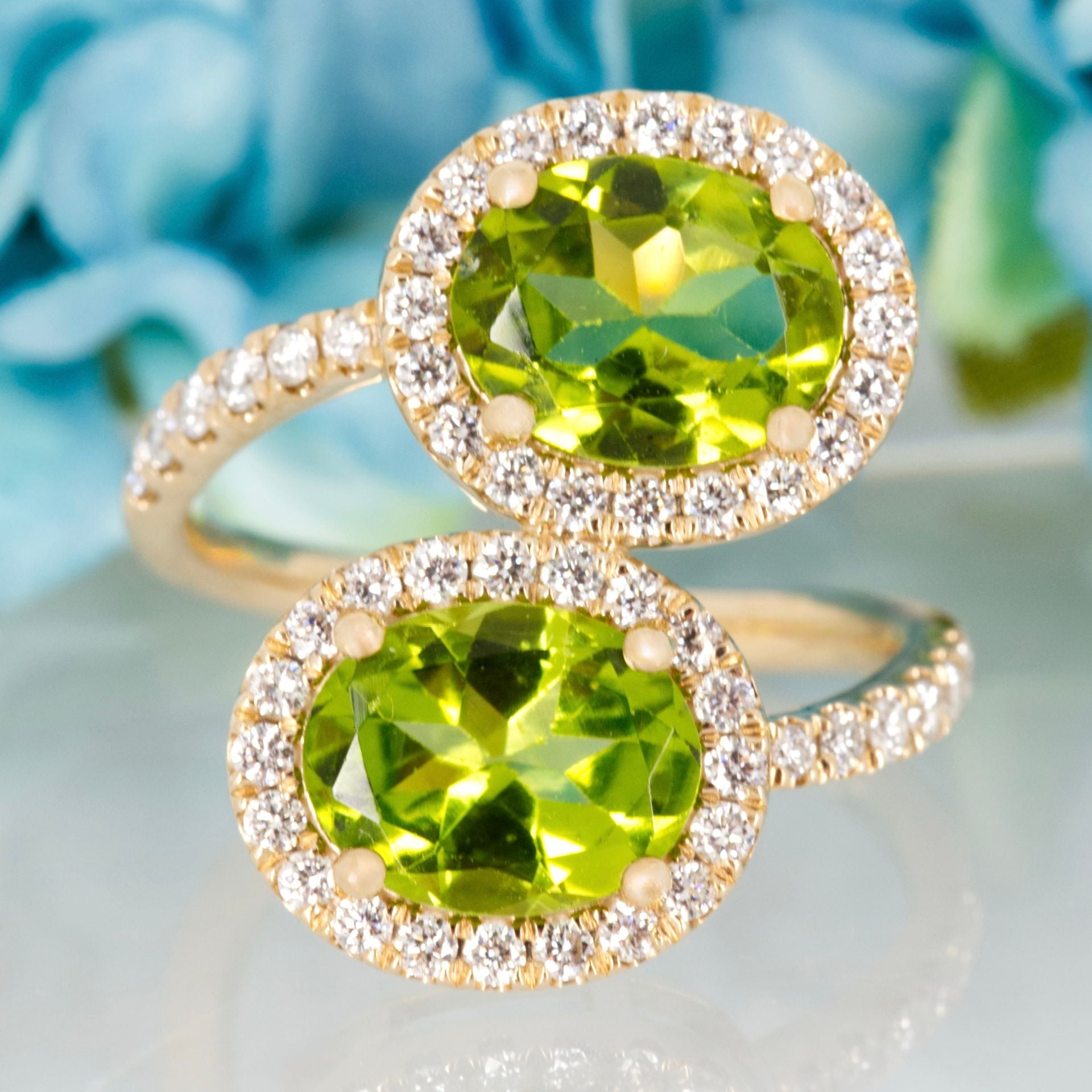 9ct Yellow Gold Oval Cut Peridot & Round Brilliant Cut Diamond Halo Cluster Crossover Ring