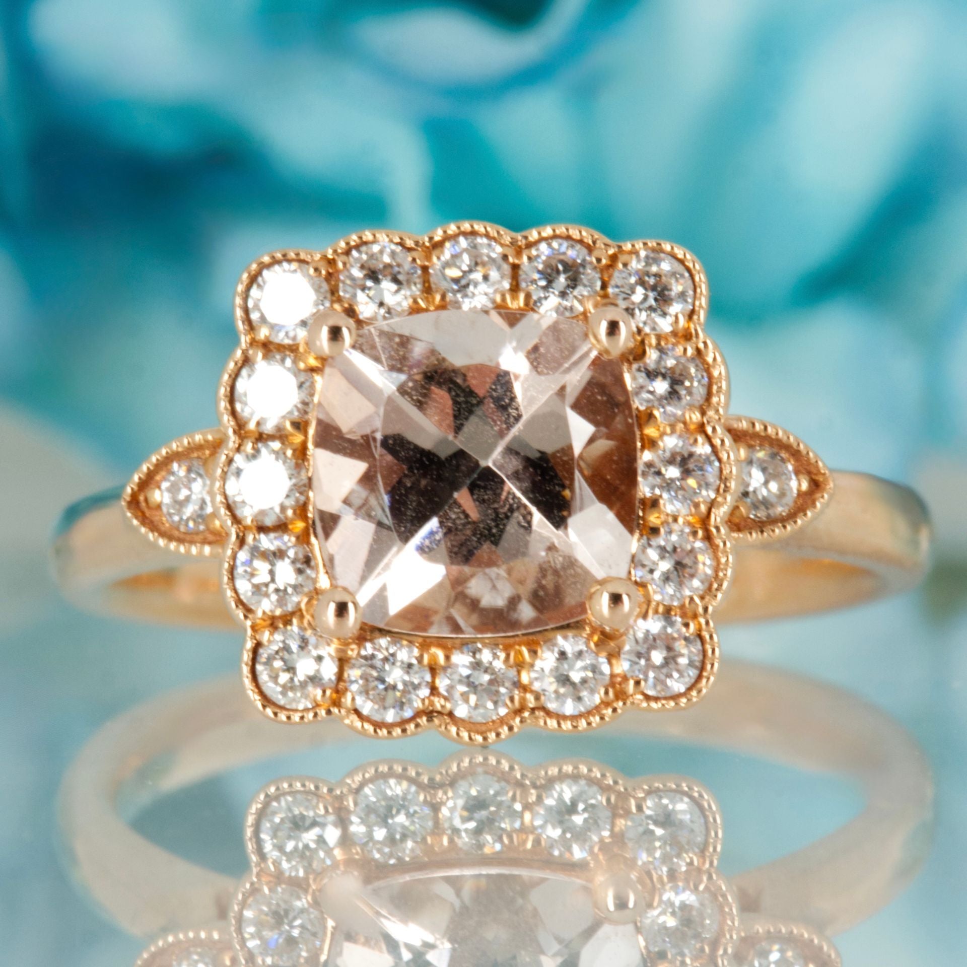 18ct Rose Gold Cushion Cut Morganite & Round Brilliant Cut Diamond Cluster Ring