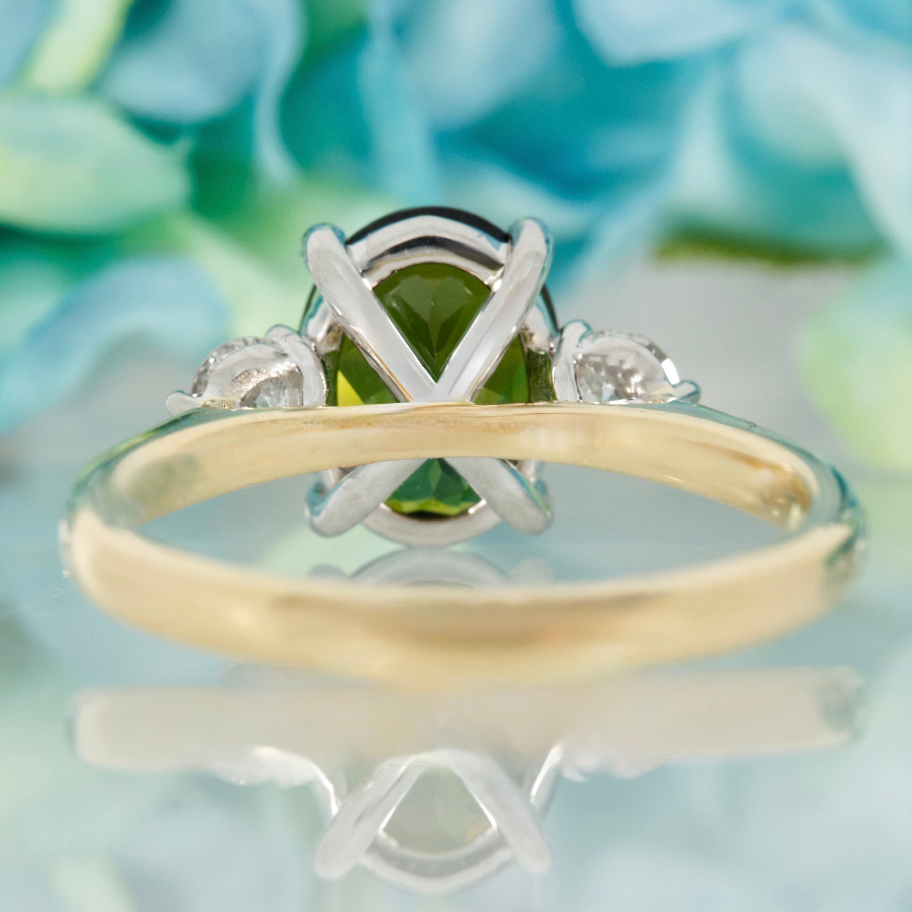 18ct Yellow Gold & Platinum Oval Cut Green Tourmaline & Round Brilliant Cut Diamond Trilogy Ring