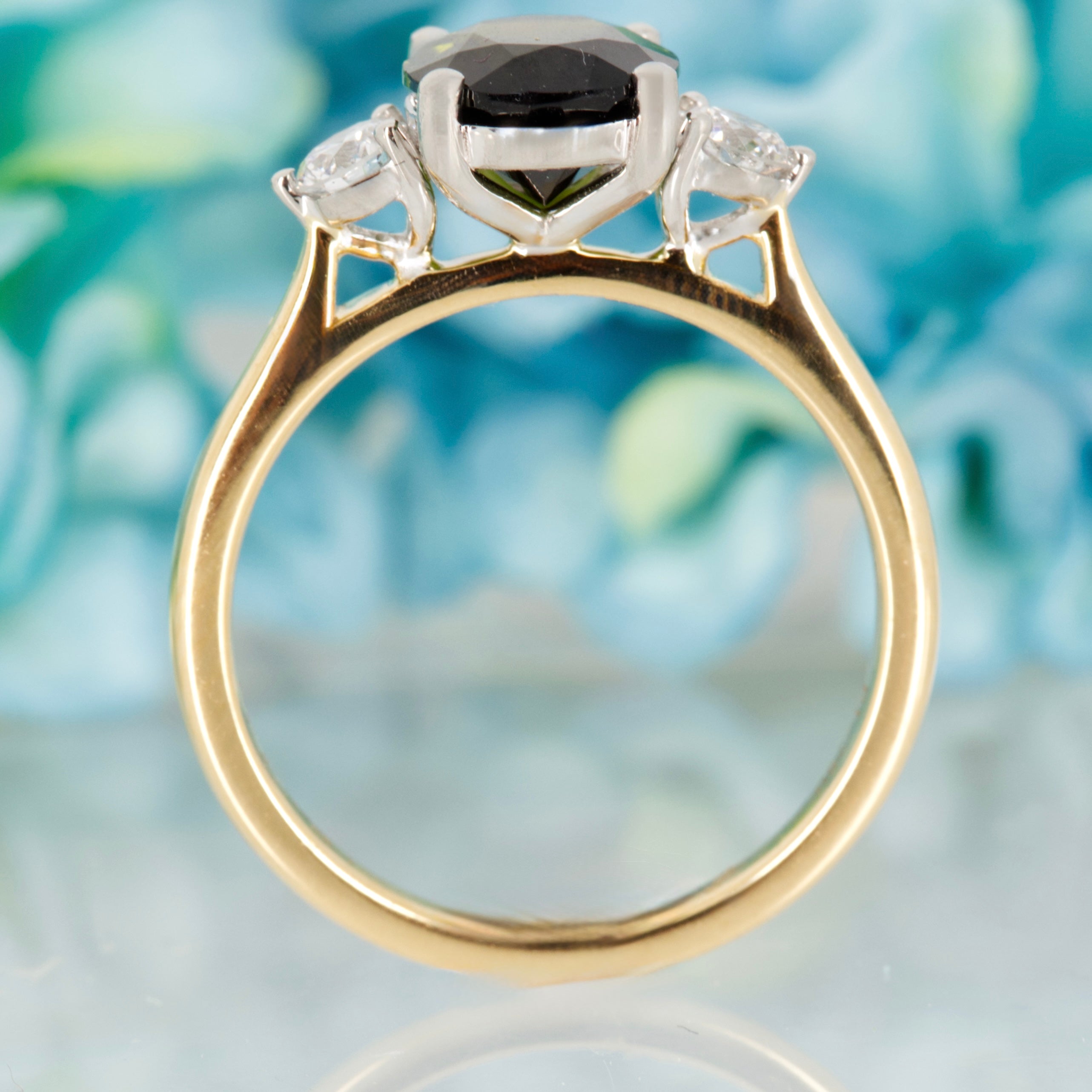 18ct Yellow Gold & Platinum Oval Cut Green Tourmaline & Round Brilliant Cut Diamond Trilogy Ring