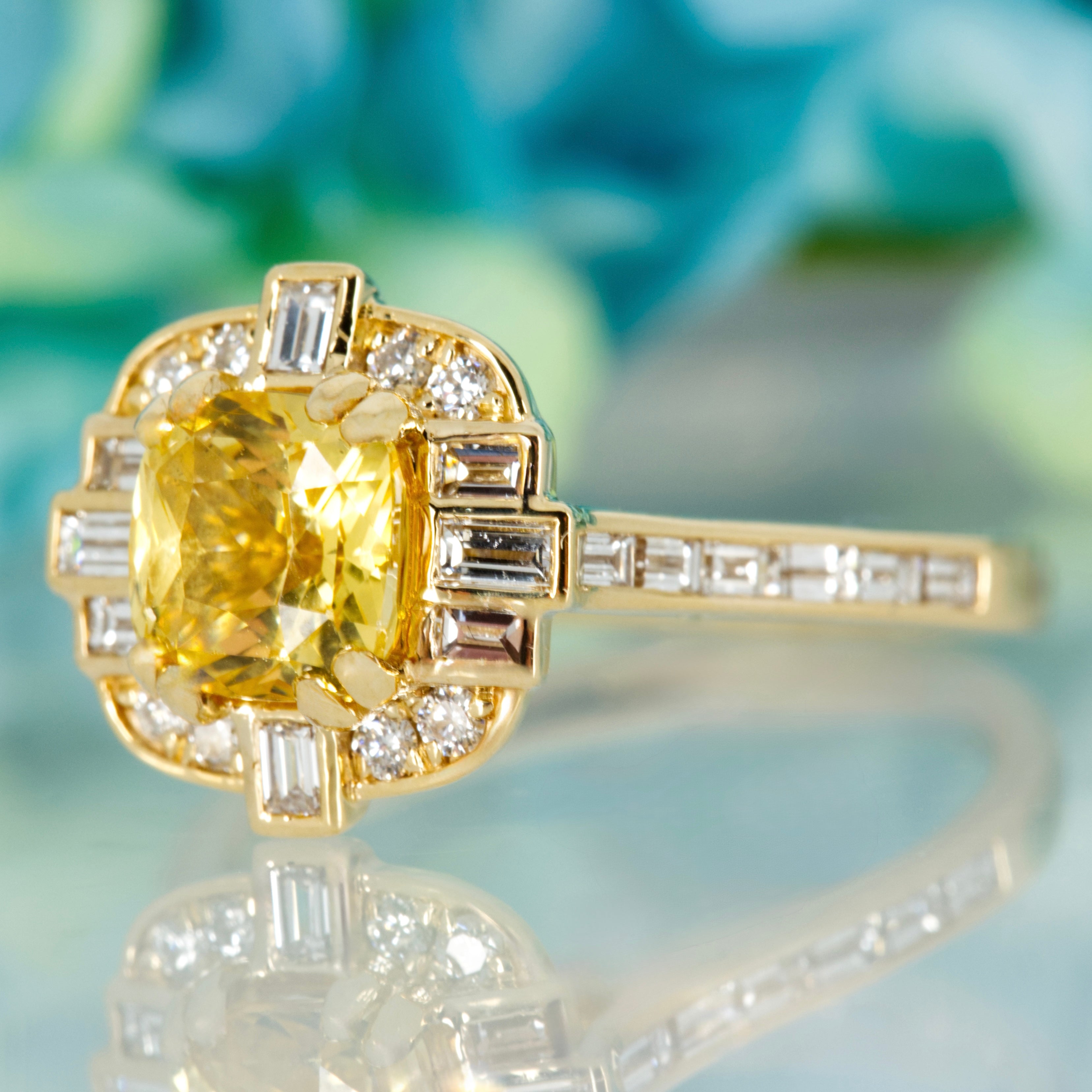 18ct Yellow Gold Cushion Cut Yellow Sapphire & Diamond Cluster Ring