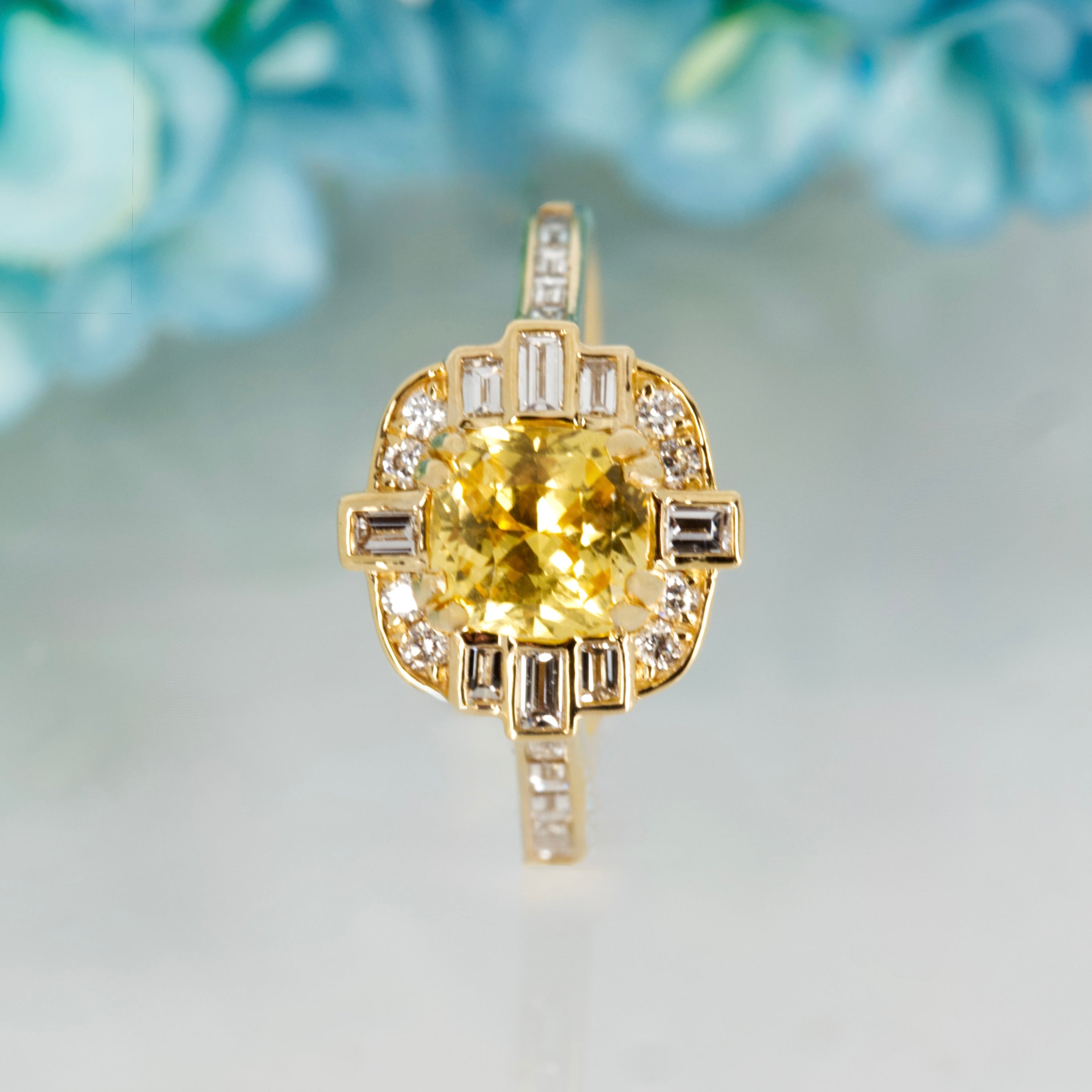 18ct Yellow Gold Cushion Cut Yellow Sapphire & Diamond Cluster Ring