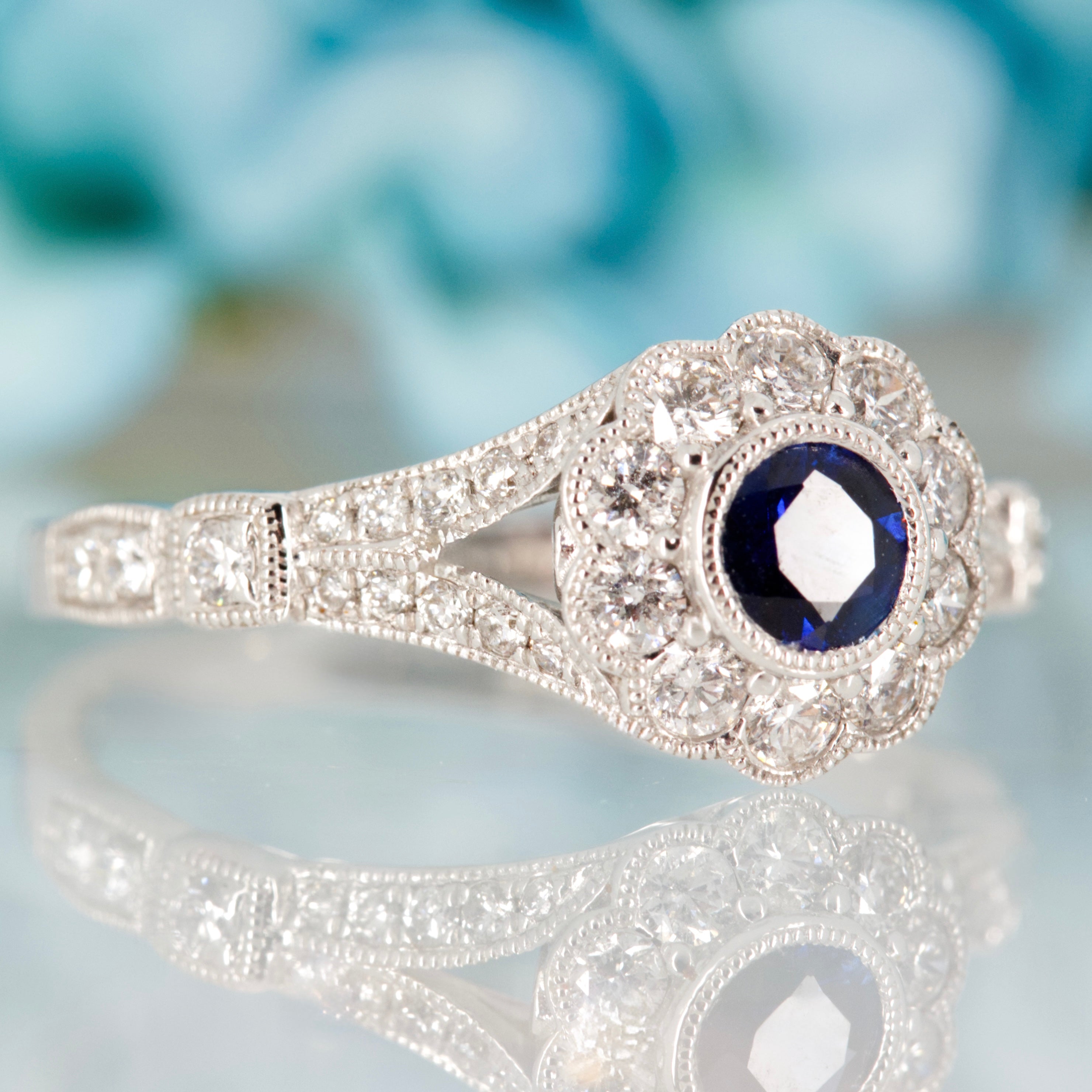 18ct White Gold Round Cut Sapphire & Diamond Flower Cluster Ring