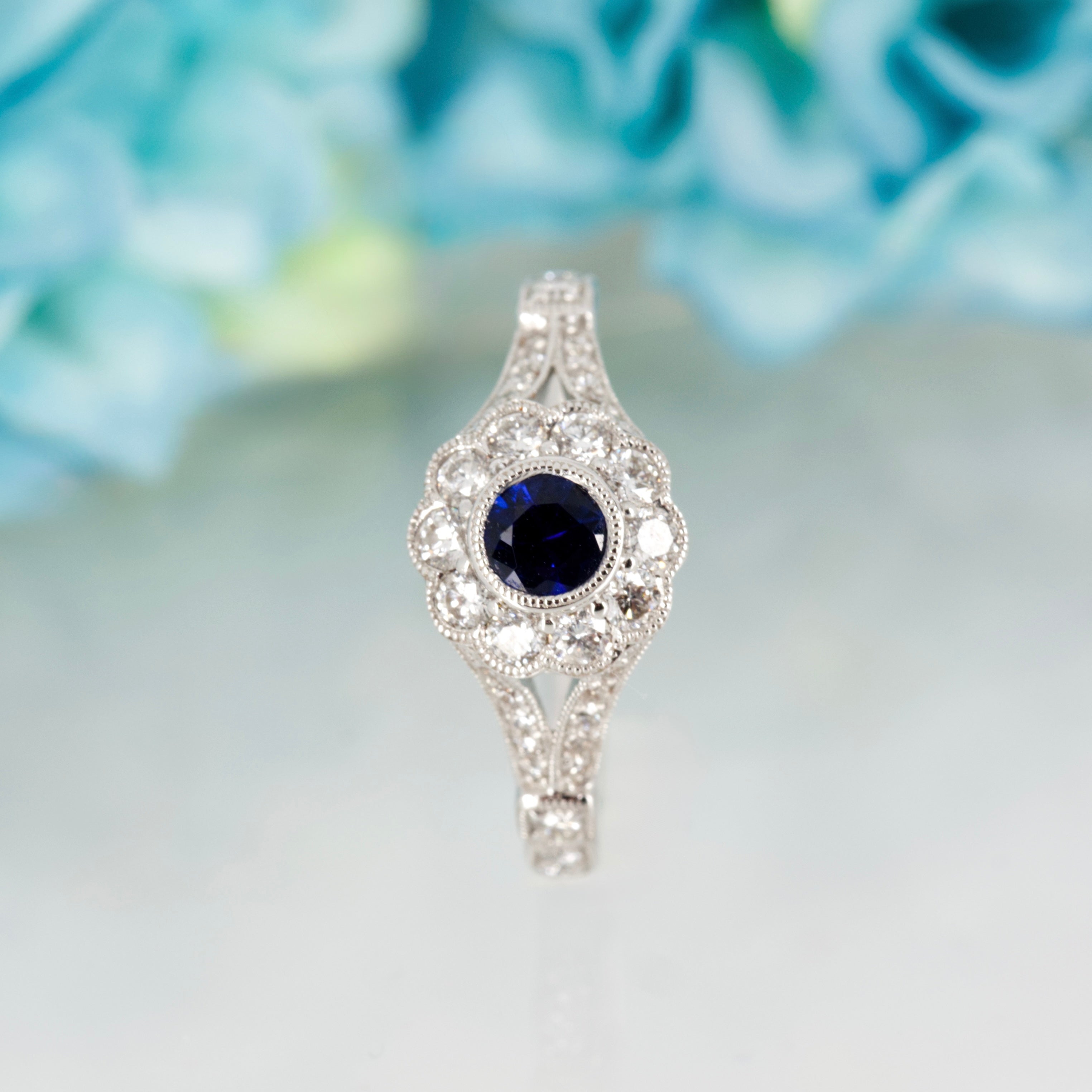 18ct White Gold Round Cut Sapphire & Diamond Flower Cluster Ring