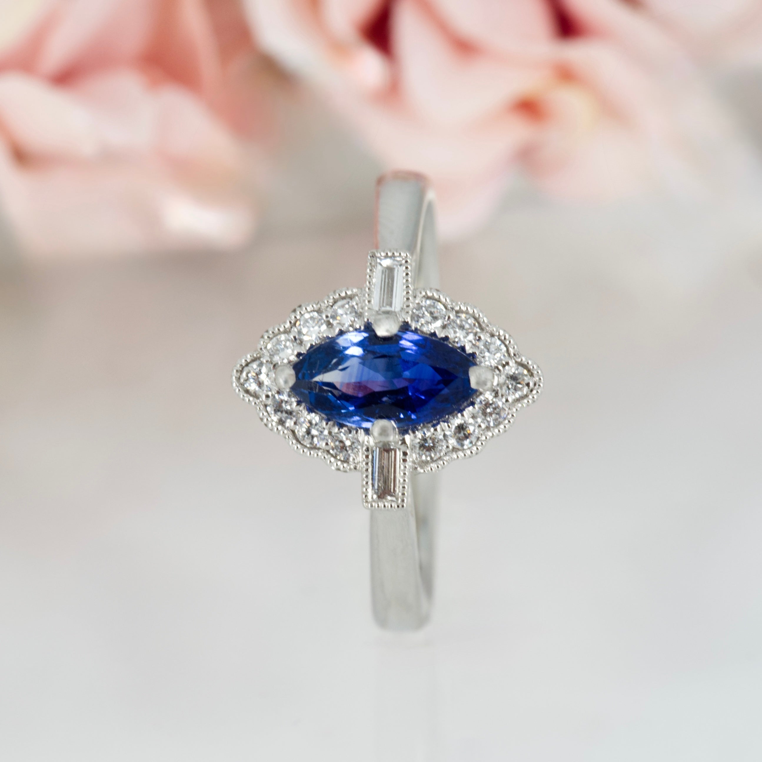 Platinum Marquise Cut Sapphire & Baguette and Round Brilliant Cut Diamond Cluster Ring