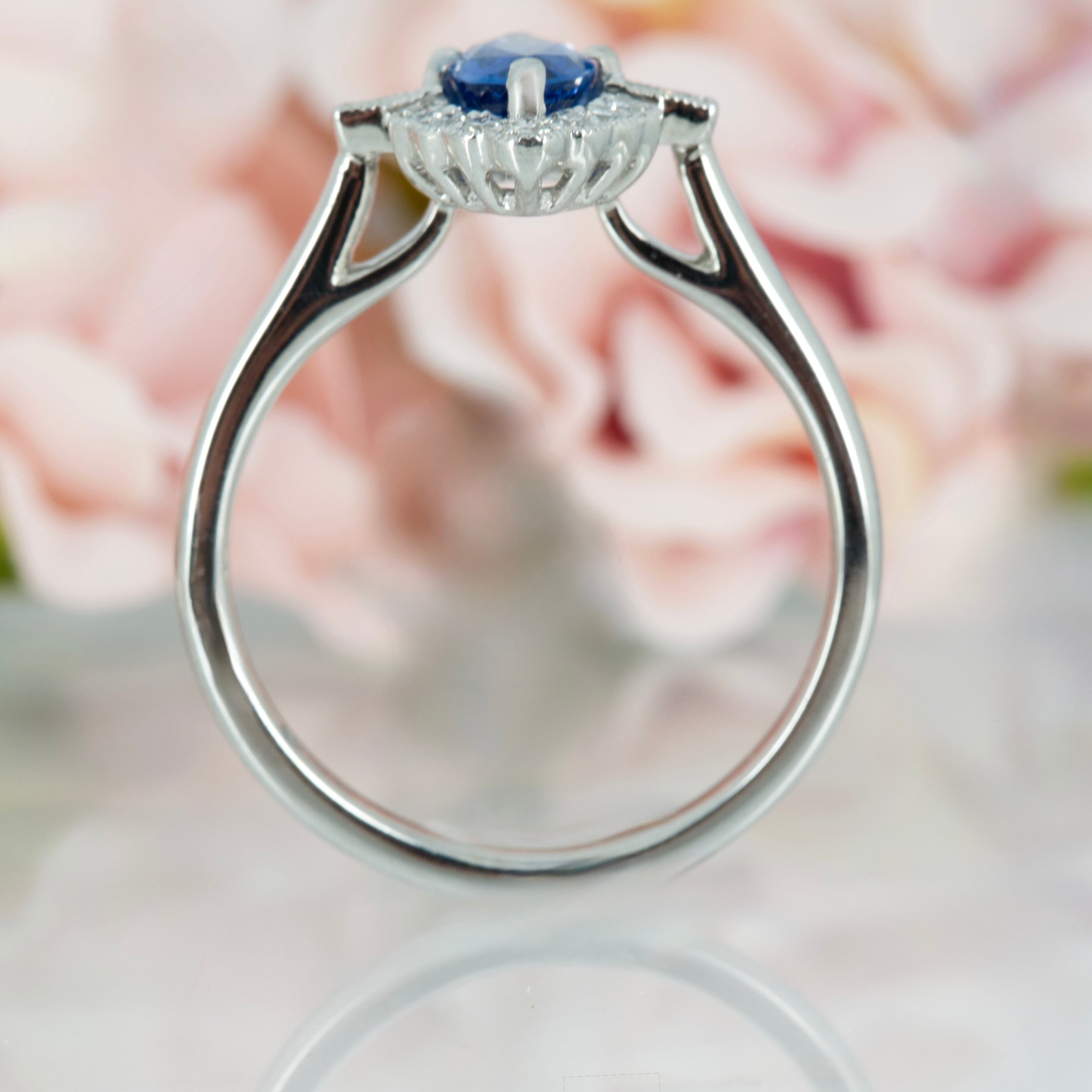 Platinum Marquise Cut Sapphire & Baguette and Round Brilliant Cut Diamond Cluster Ring