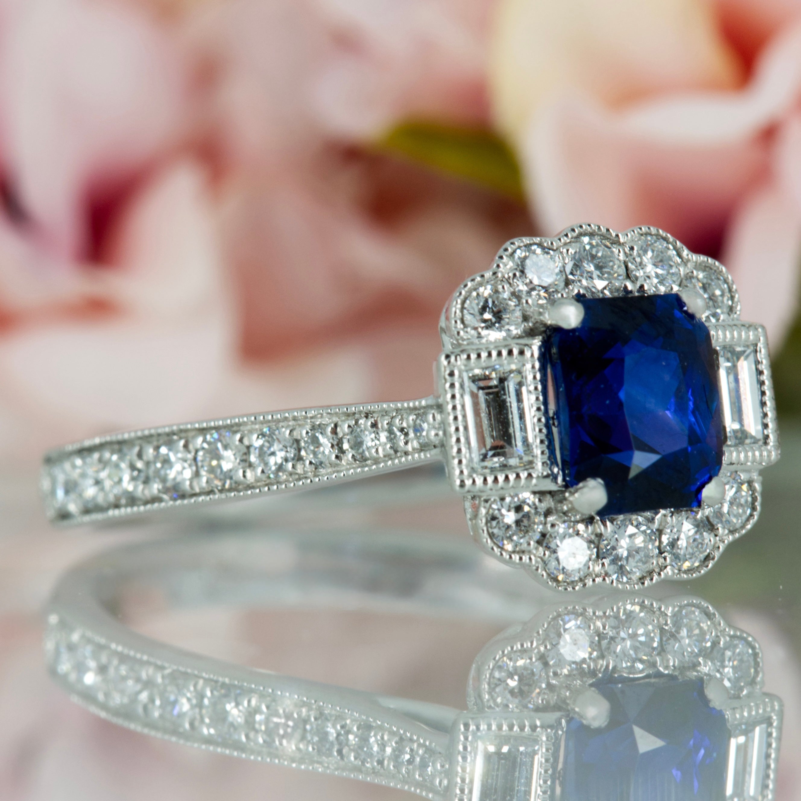 Platinum Octagonal Cut Sapphire & Baguette and Round Brilliant Cut Diamond Cluster Ring