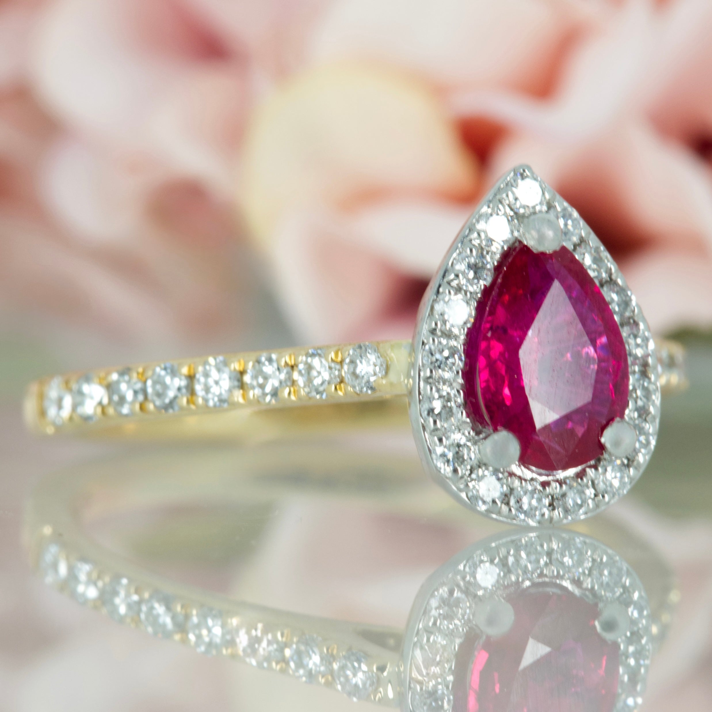18ct Yellow Gold & Platinum Pear Cut Ruby & Round Brilliant Cut Diamond Halo Cluster Ring