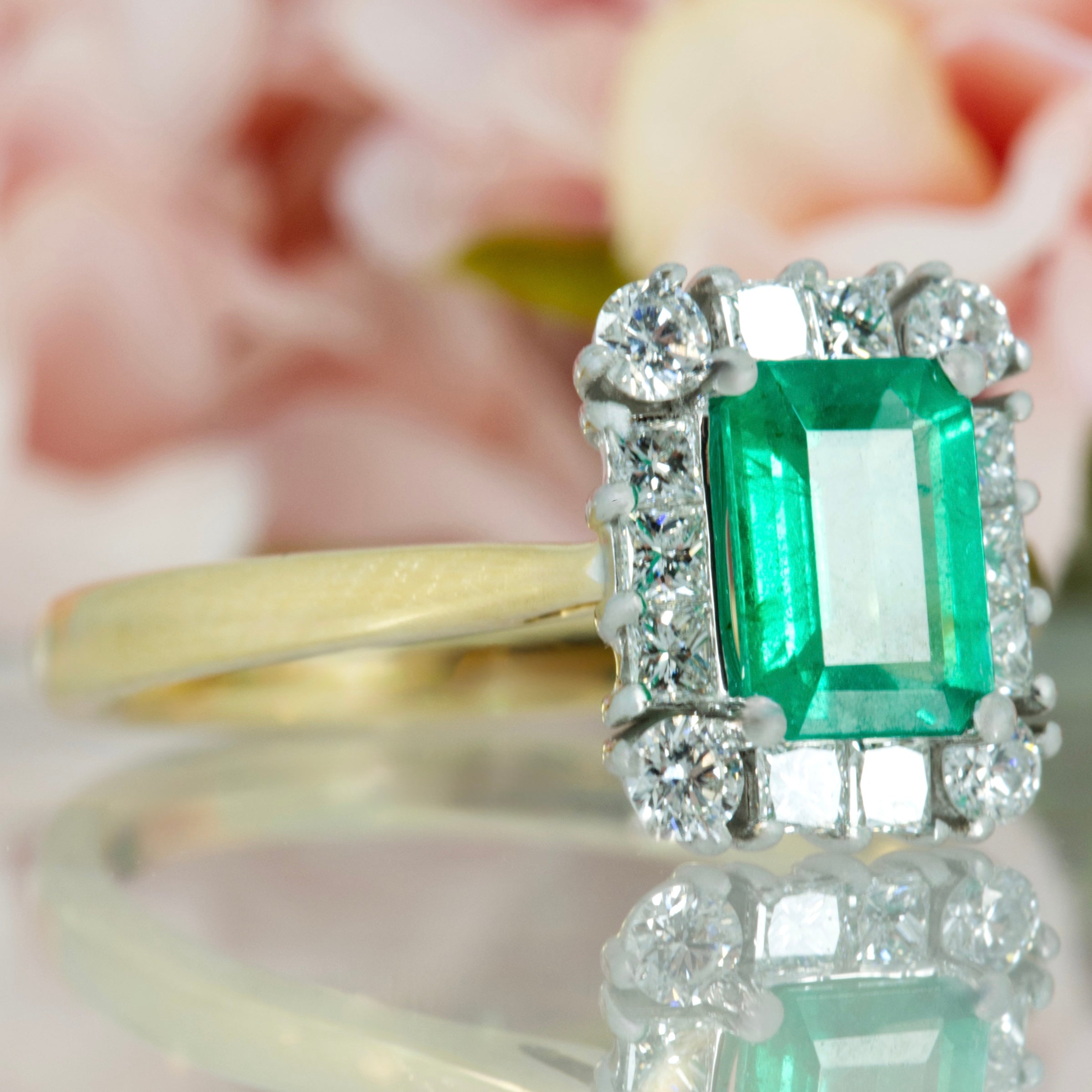 18ct Yellow Gold & Platinum Octagonal Cut Emerald & Princess and Round Brilliant Cut Diamond Cluster Ring
