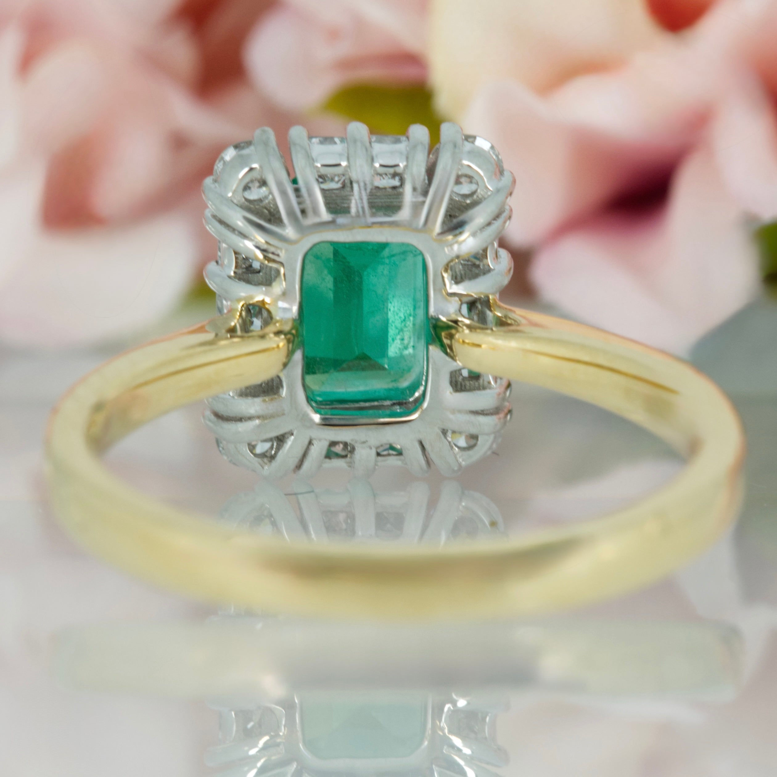 18ct Yellow Gold & Platinum Octagonal Cut Emerald & Princess and Round Brilliant Cut Diamond Cluster Ring