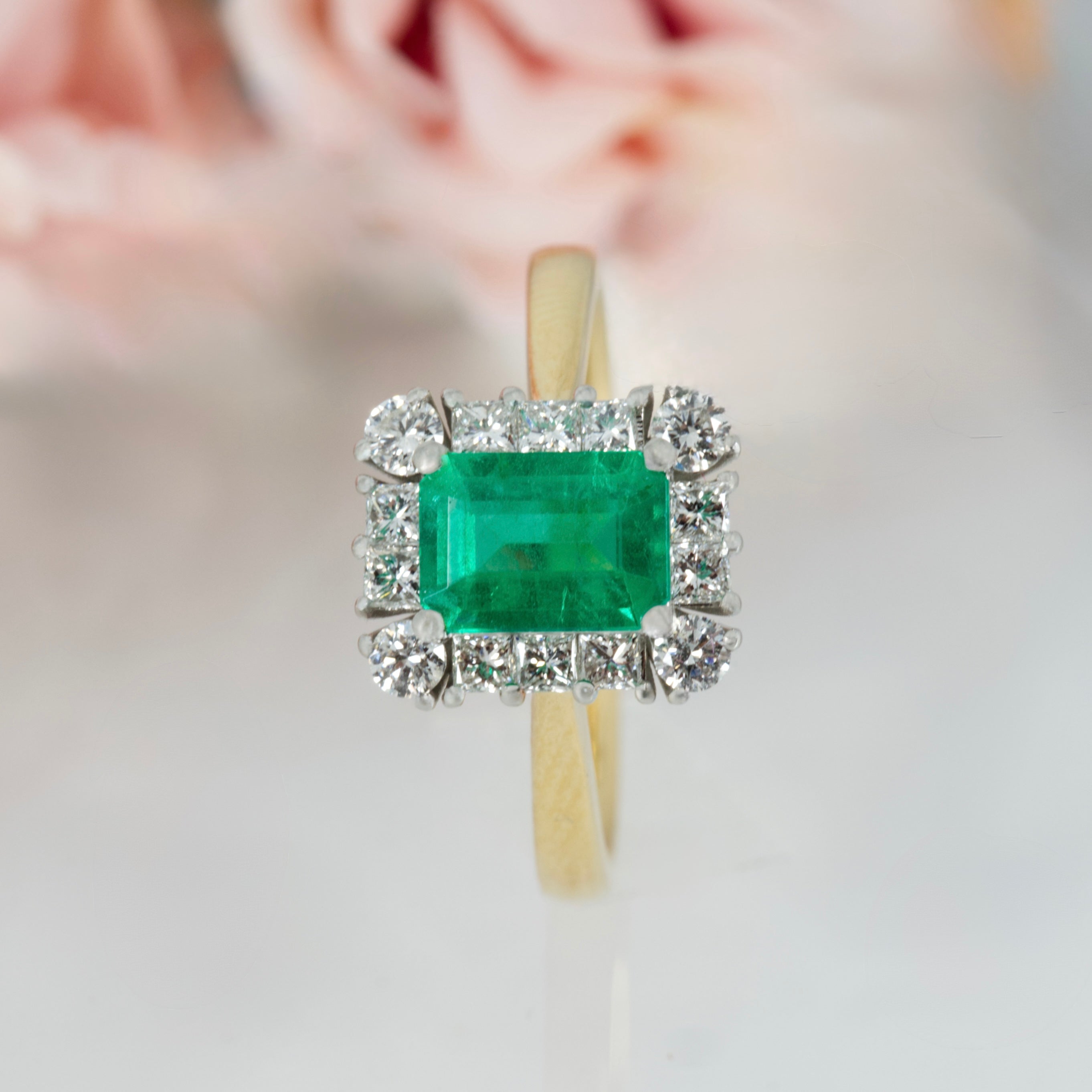 18ct Yellow Gold & Platinum Octagonal Cut Emerald & Princess and Round Brilliant Cut Diamond Cluster Ring