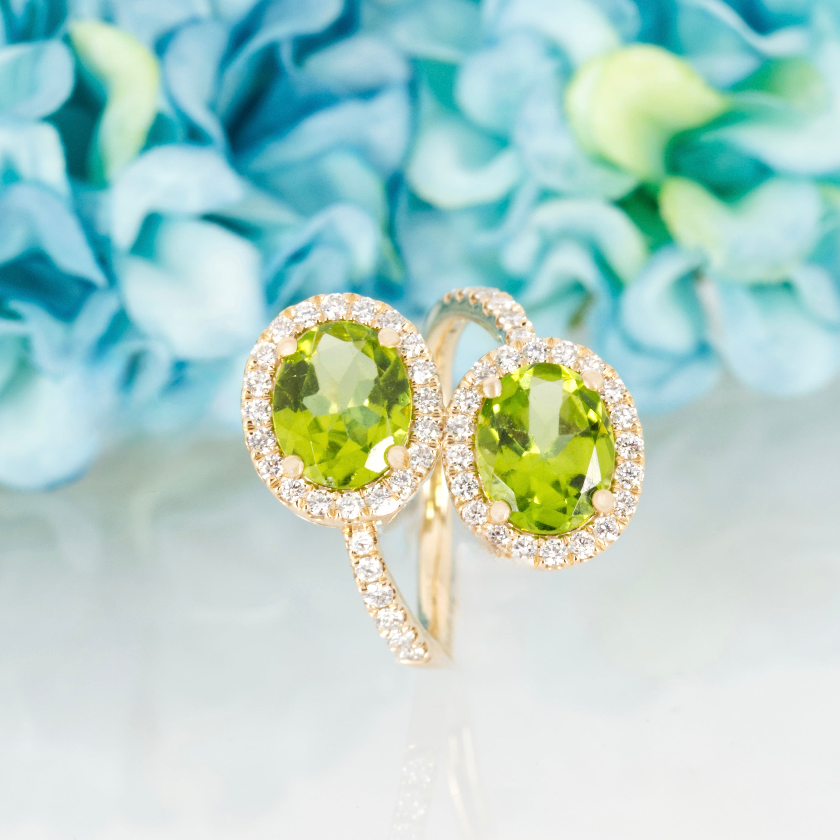 9ct Yellow Gold Oval Cut Peridot & Round Brilliant Cut Diamond Halo Cluster Crossover Ring