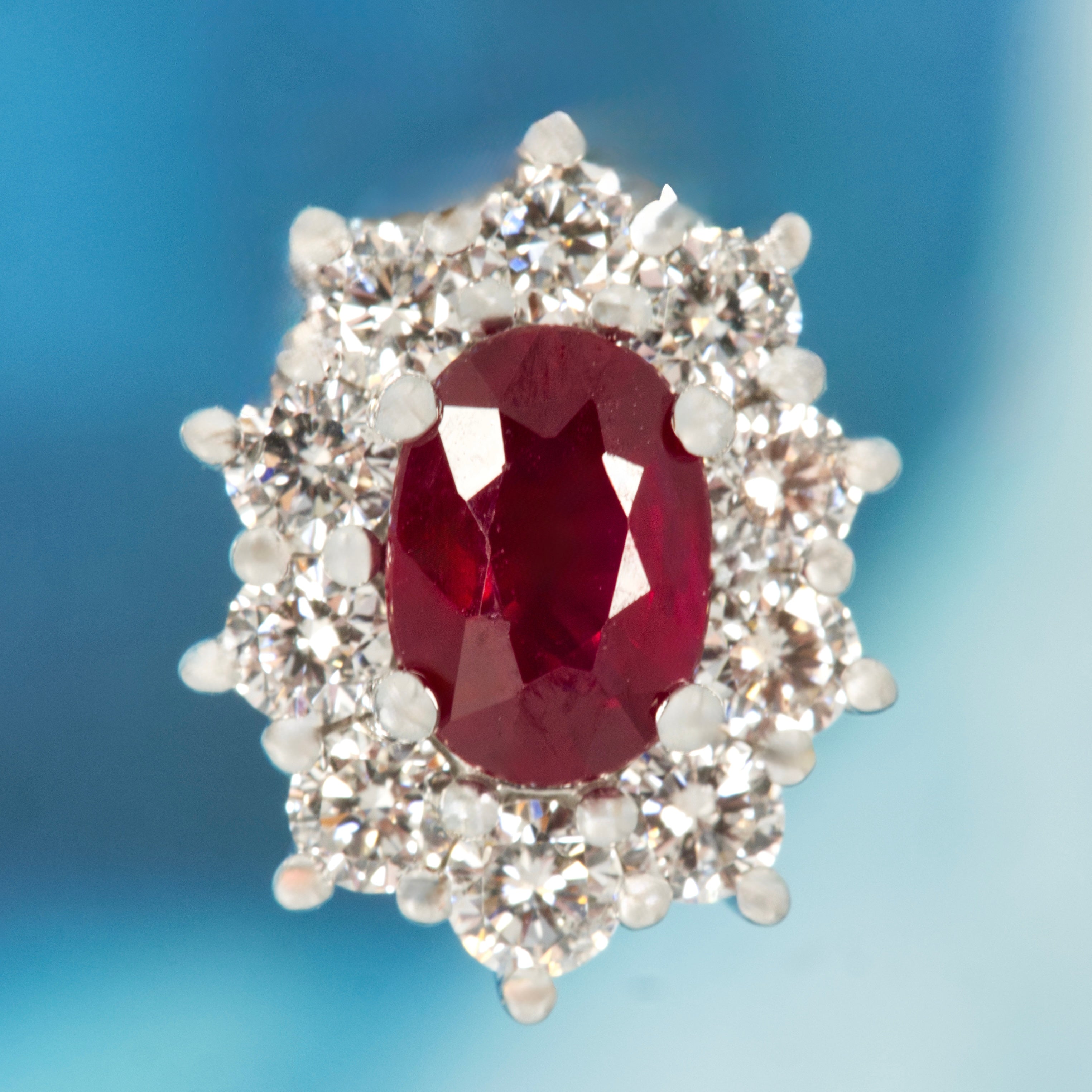 18ct White Gold Oval Cut Ruby & Round Brilliant Cut Diamond Cluster Stud Earrings