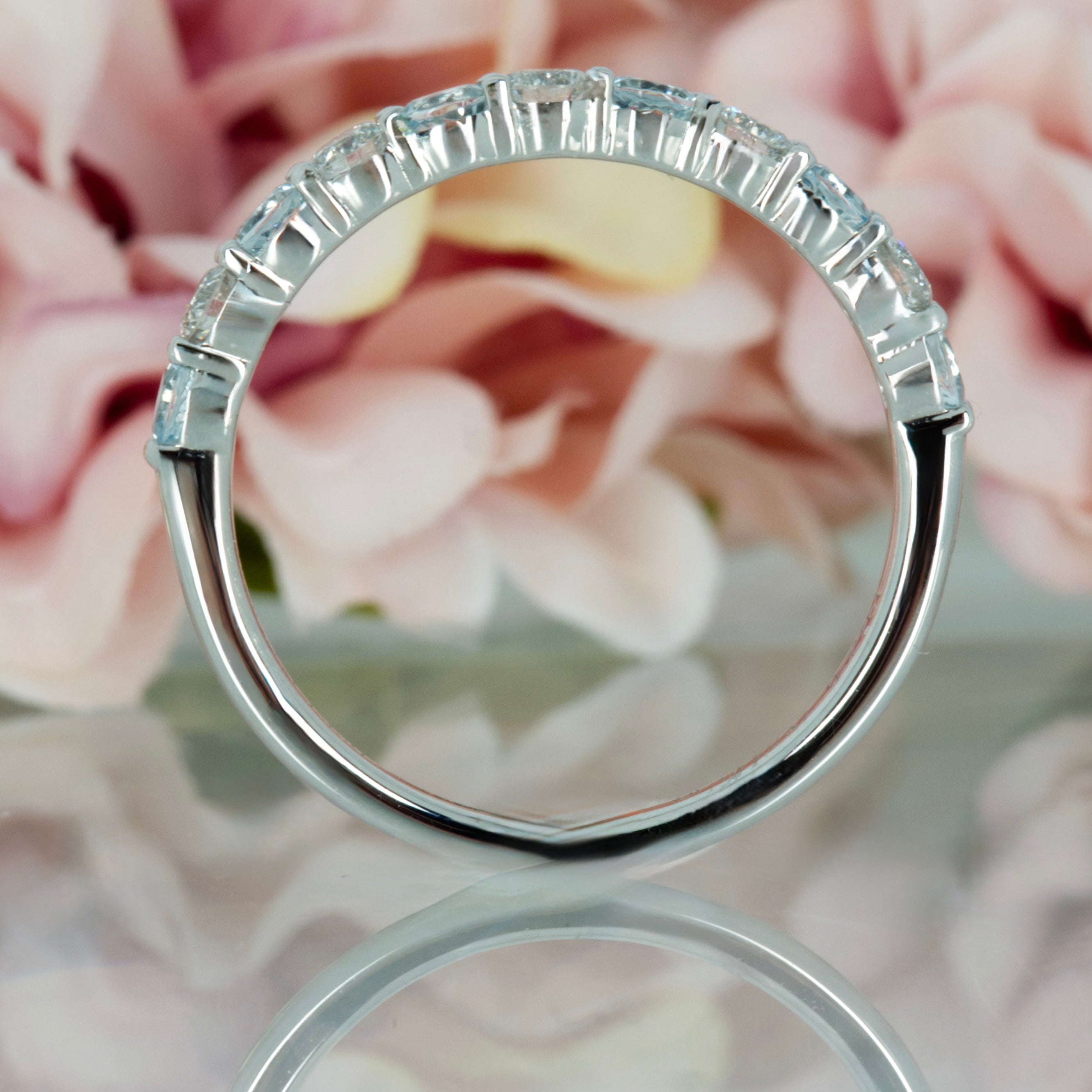 Platinum Round Cut Aquamarine & Round Brilliant Cut Diamond Claw Set Half Eternity Ring