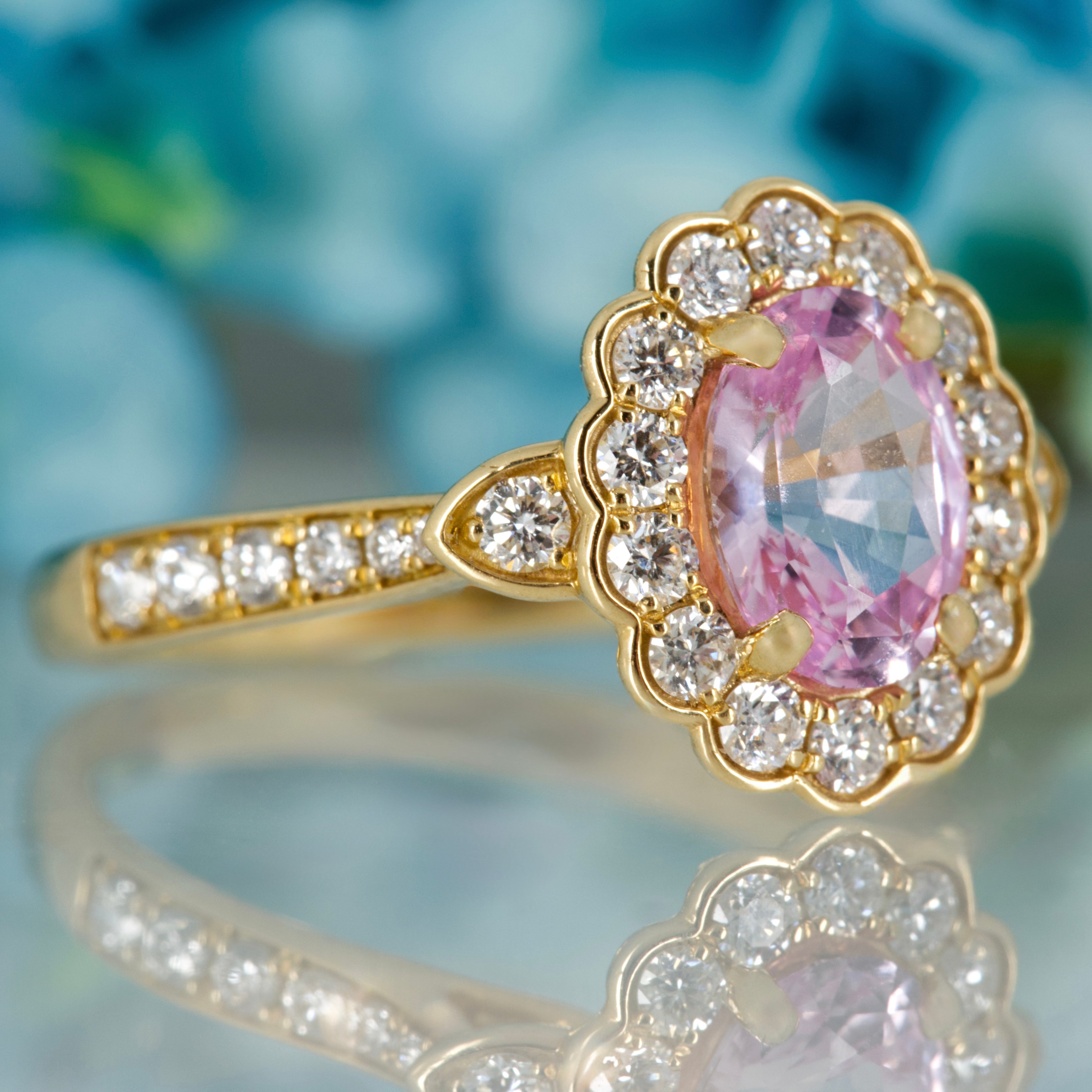 18ct Yellow Gold Oval Cut Pink Sapphire & Round Brilliant Cut Diamond Cluster Ring
