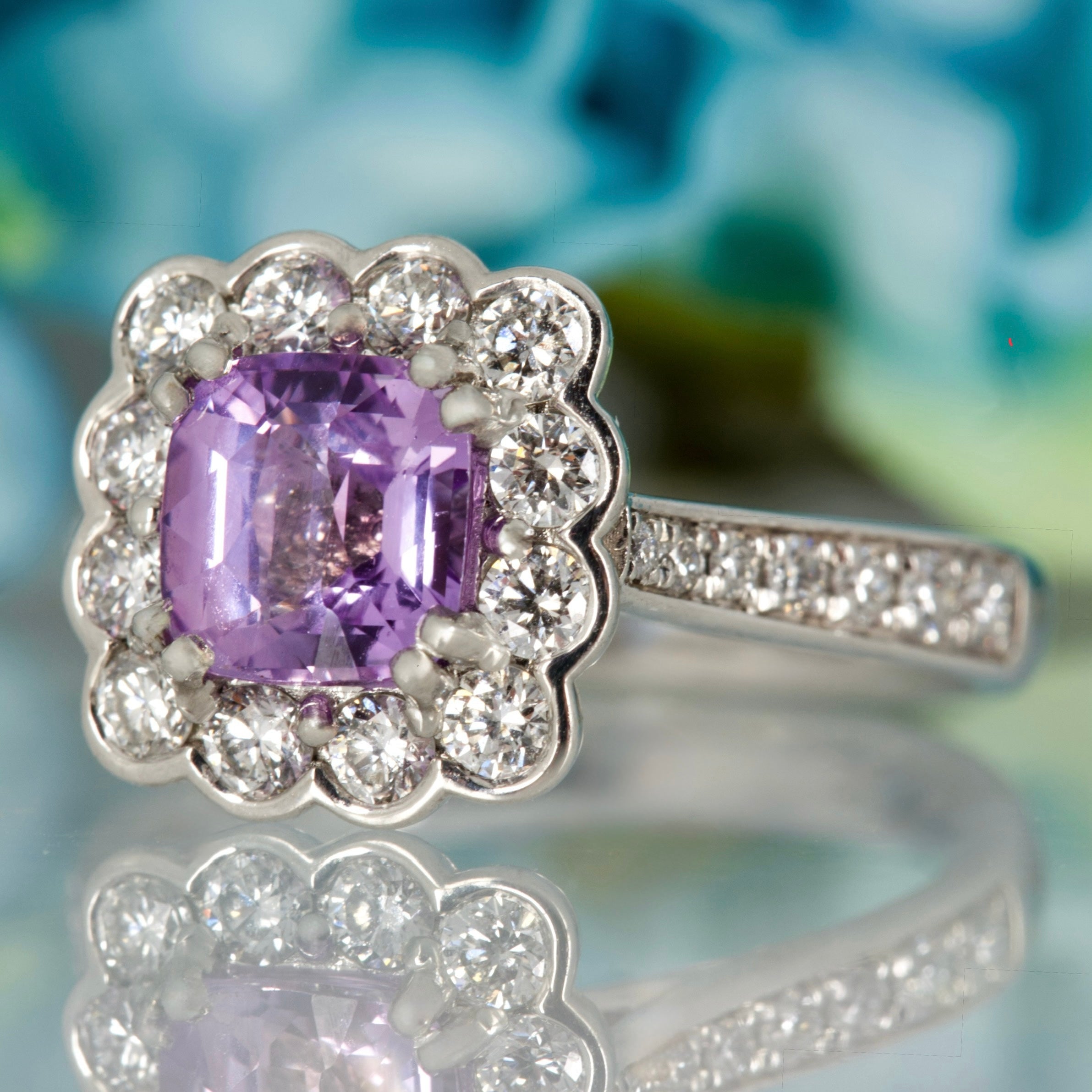 Platinum Cushion Cut Lilac Sapphire & Round Brilliant Cut Diamond Cluster Ring