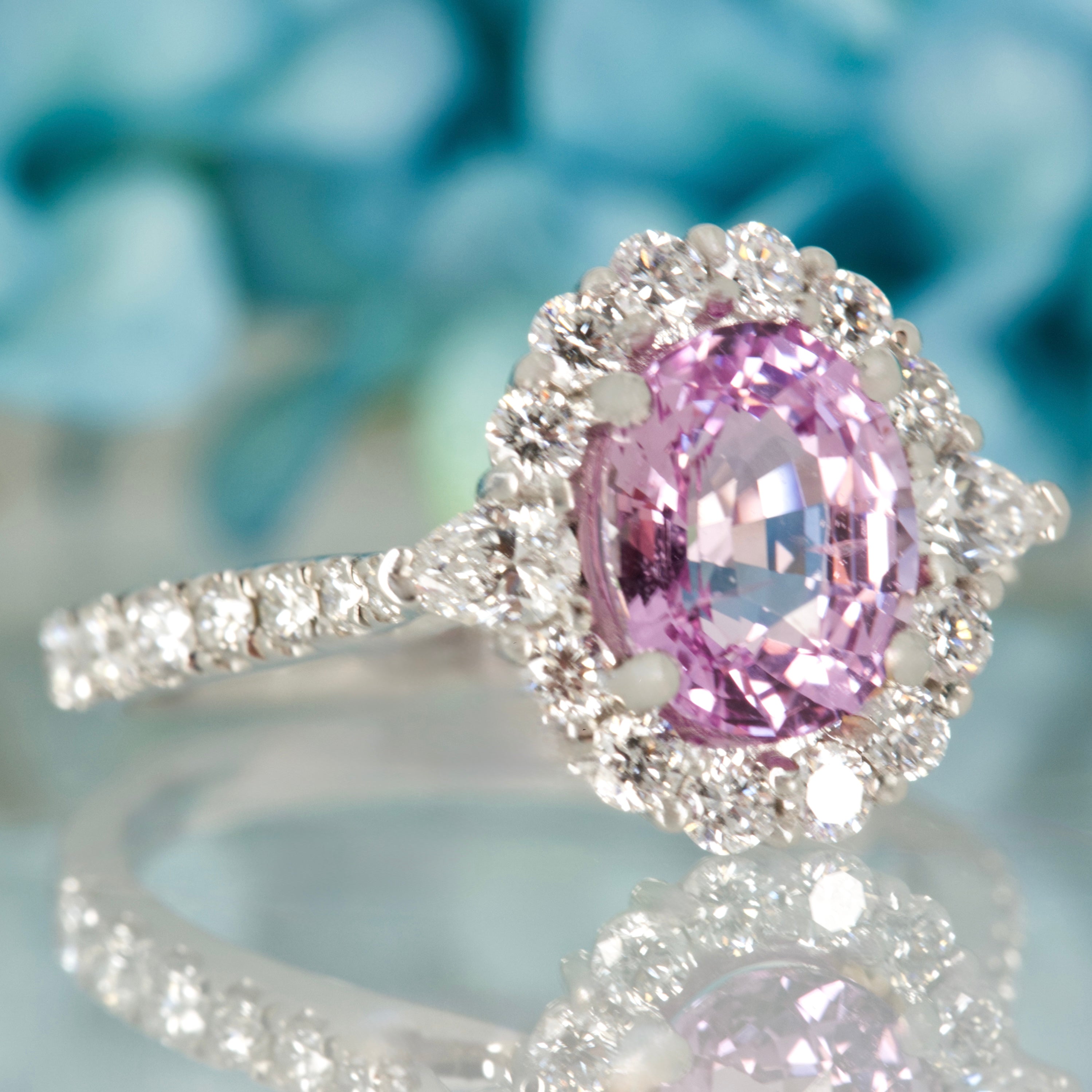 Platinum Oval Cut Pink Sapphire & Pear and Round Brilliant Cut Diamond Cluster Ring