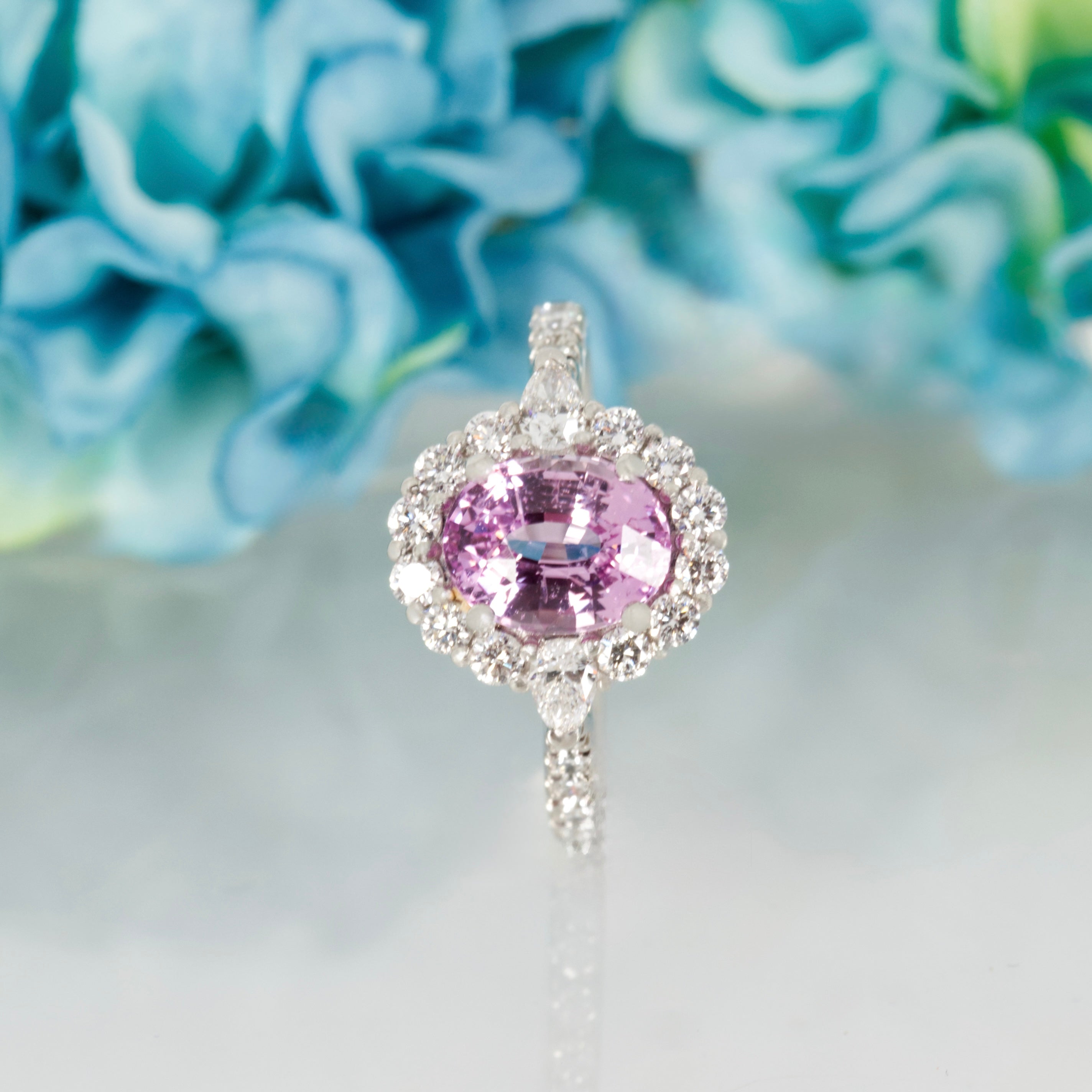 Platinum Oval Cut Pink Sapphire & Pear and Round Brilliant Cut Diamond Cluster Ring