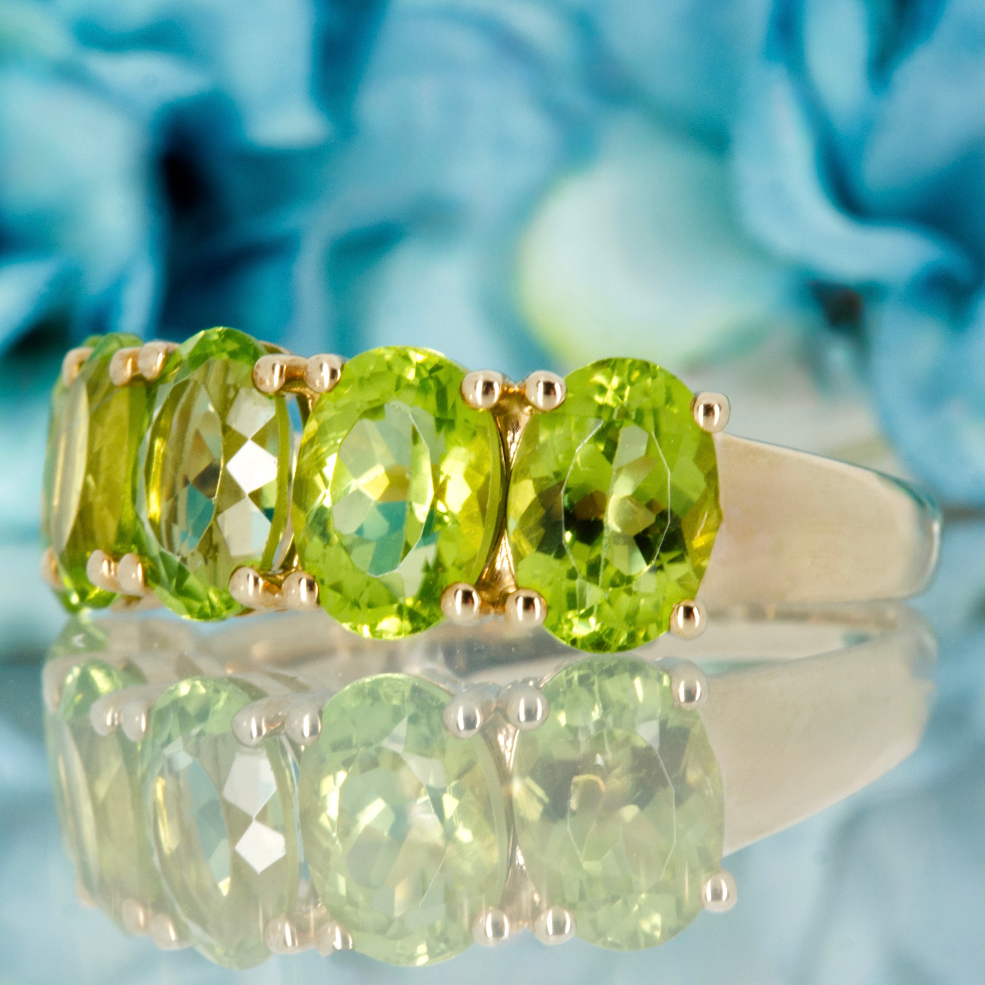 9ct Yellow Gold Oval Cut Peridot Five Stone Half Eternity Ring