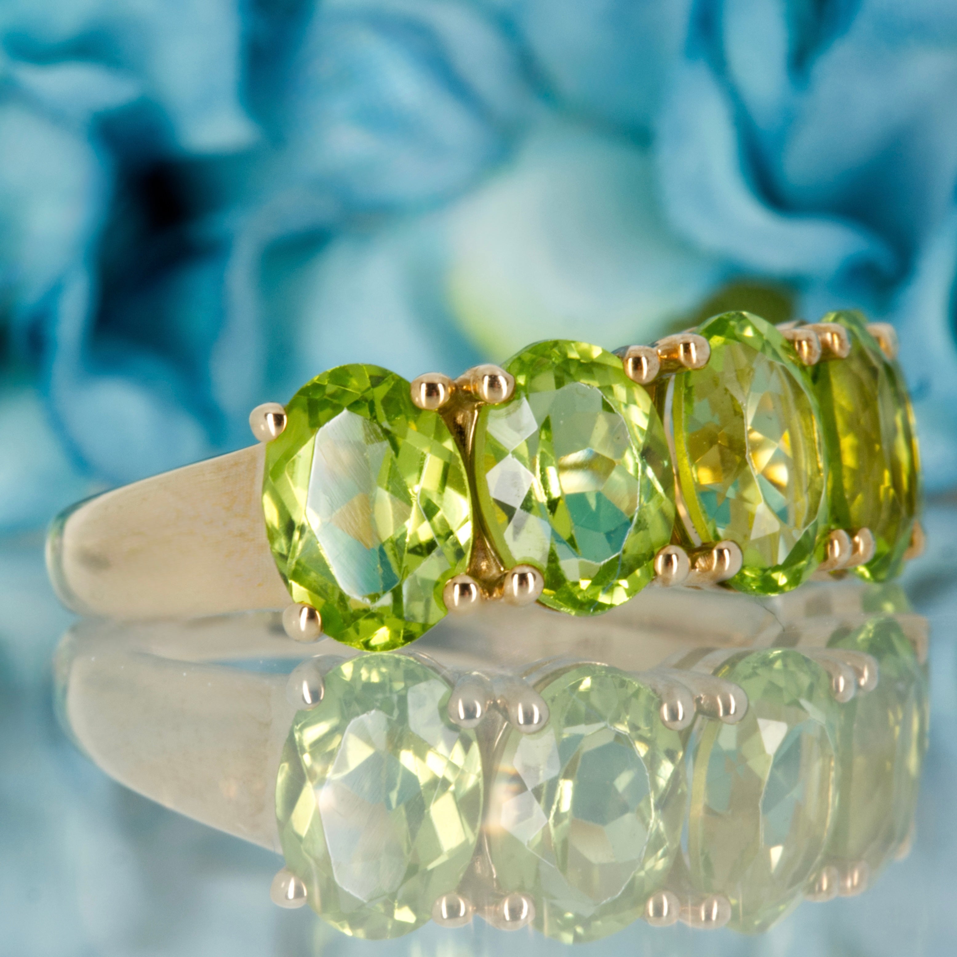 9ct Yellow Gold Oval Cut Peridot Five Stone Half Eternity Ring
