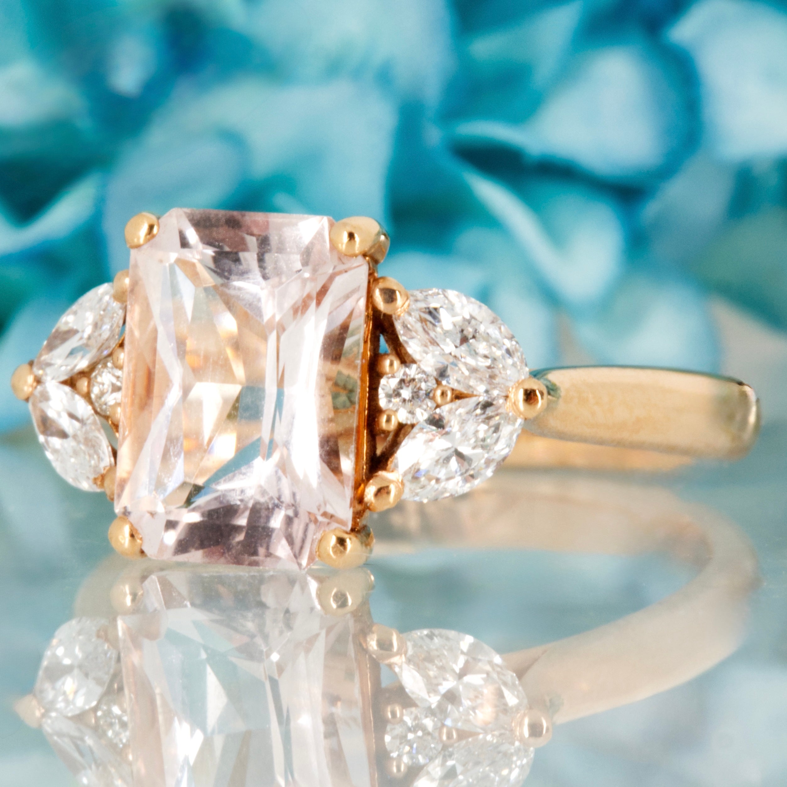 18ct Rose Gold Octagonal Cut Morganite & Marquise & Round Brilliant Cut Diamond Ring