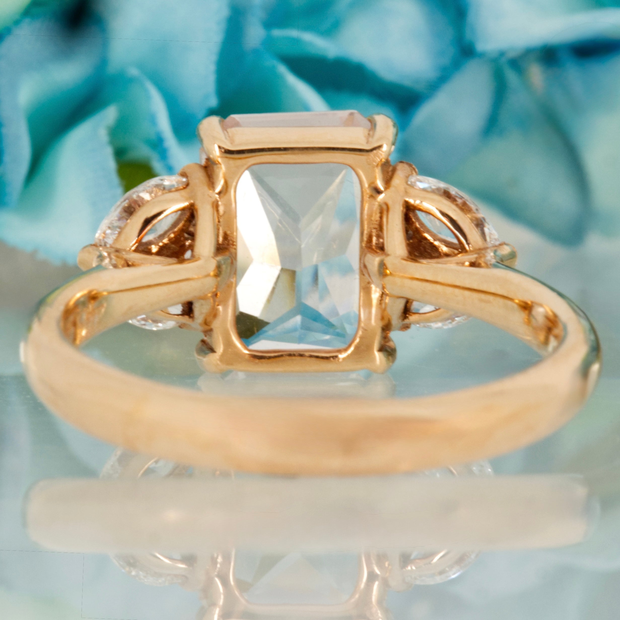18ct Rose Gold Octagonal Cut Morganite & Marquise & Round Brilliant Cut Diamond Ring