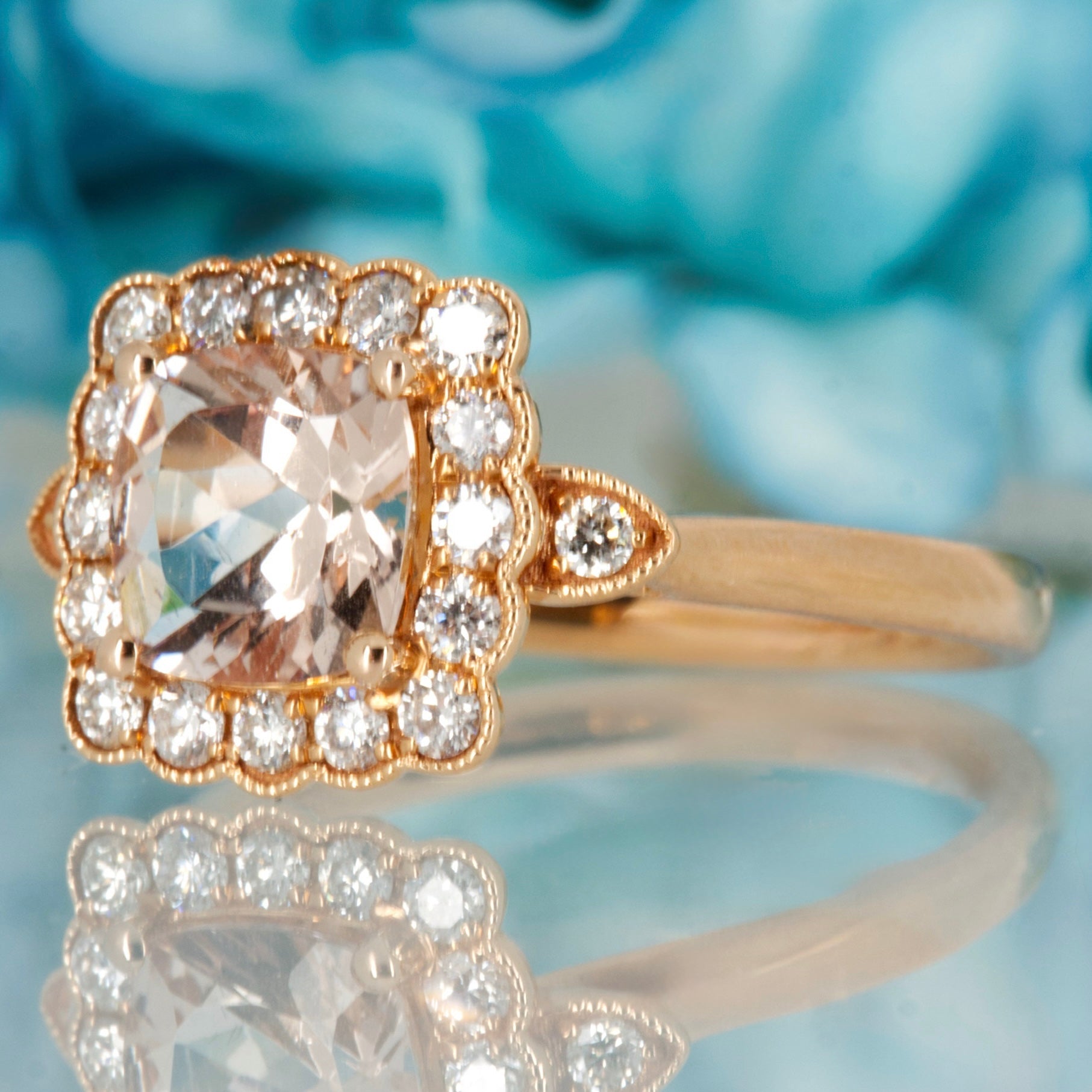 18ct Rose Gold Cushion Cut Morganite & Round Brilliant Cut Diamond Cluster Ring