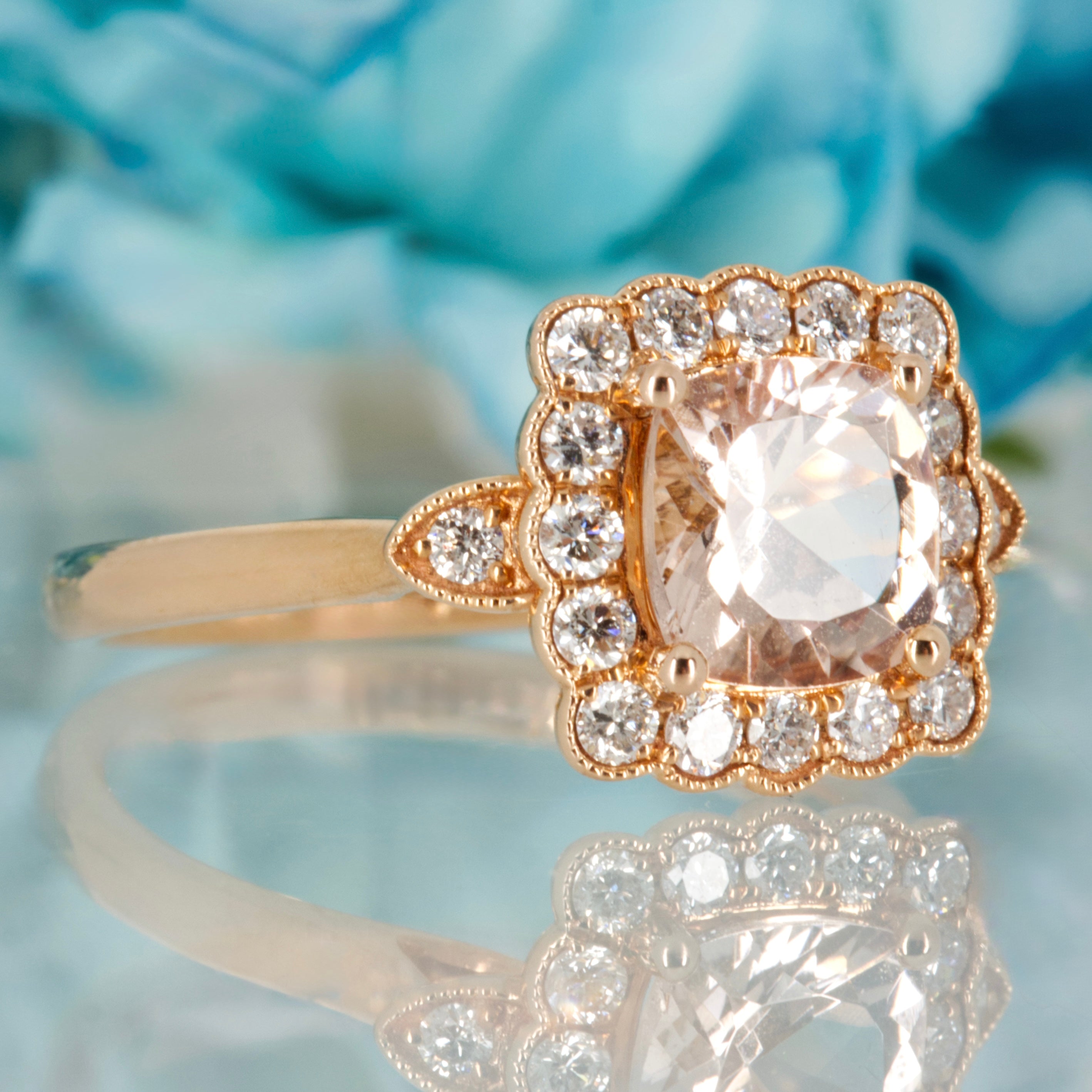 18ct Rose Gold Cushion Cut Morganite & Round Brilliant Cut Diamond Cluster Ring