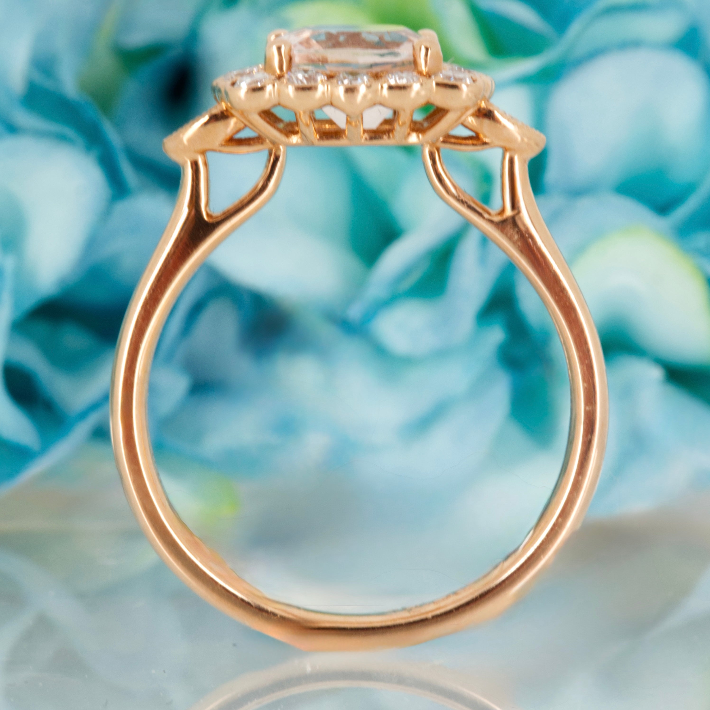 18ct Rose Gold Cushion Cut Morganite & Round Brilliant Cut Diamond Cluster Ring