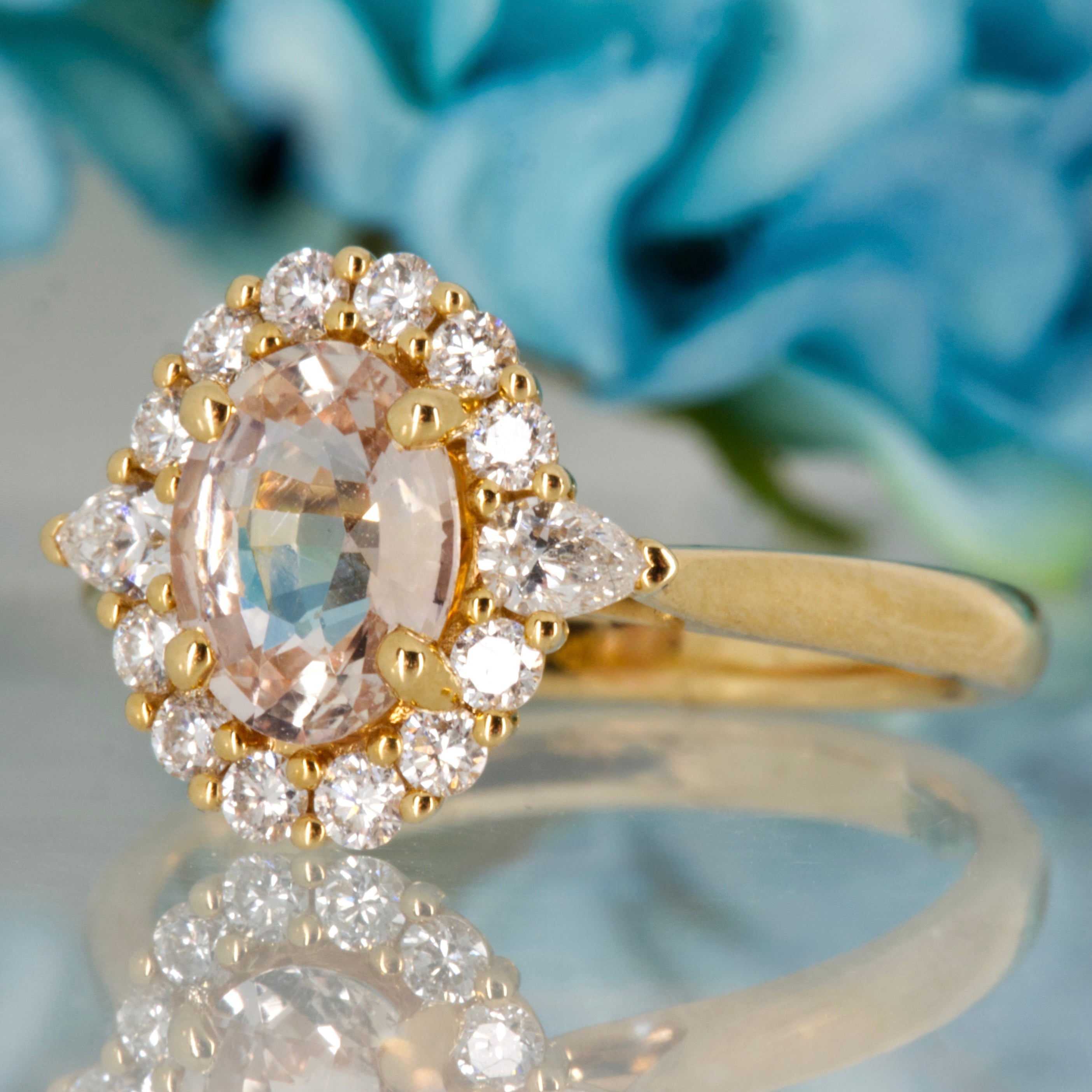 18ct Yellow Gold Oval Cut Peach Sapphire & Pear & Round Brilliant Cut Diamond Cluster Ring