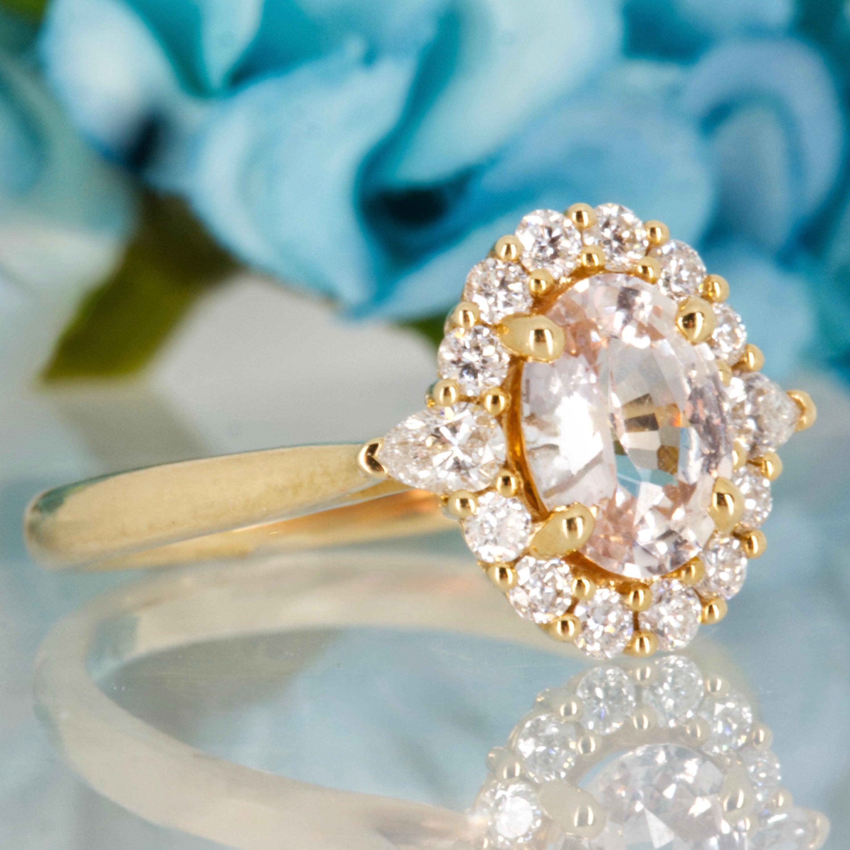 18ct Yellow Gold Oval Cut Peach Sapphire & Pear & Round Brilliant Cut Diamond Cluster Ring