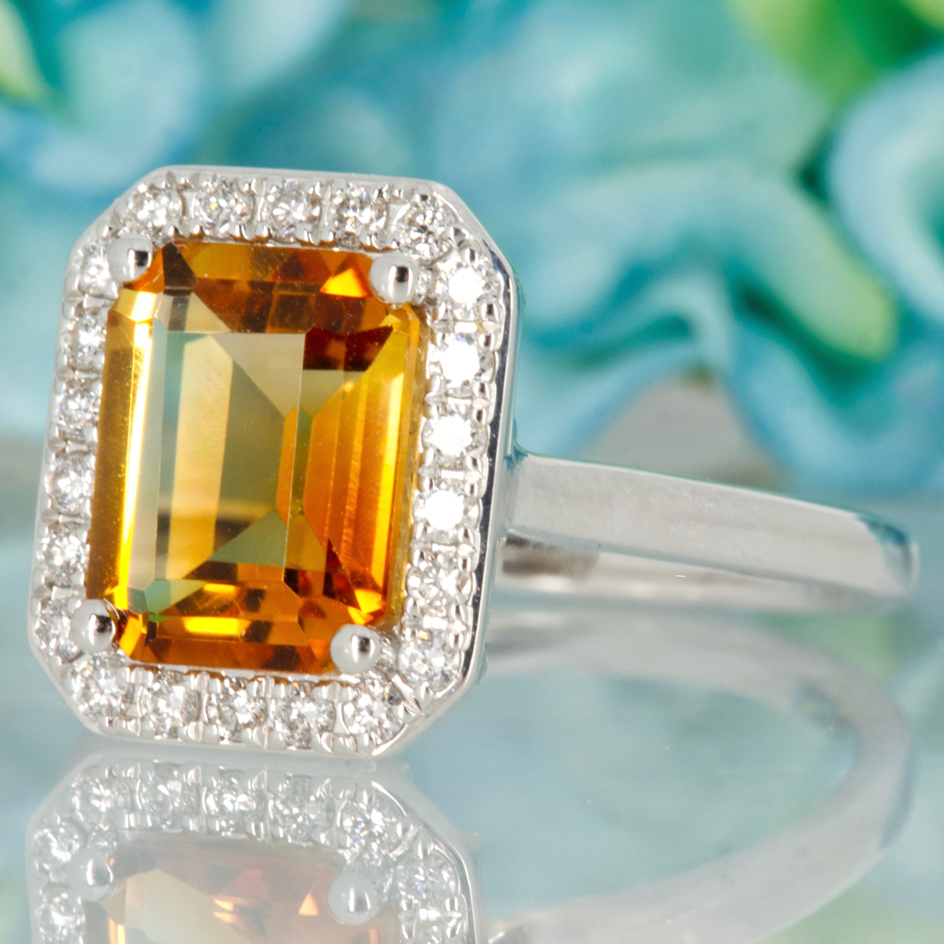 9ct White Gold Octagonal Cut Citrine & Round Brilliant Cut Diamond Halo Cluster Ring