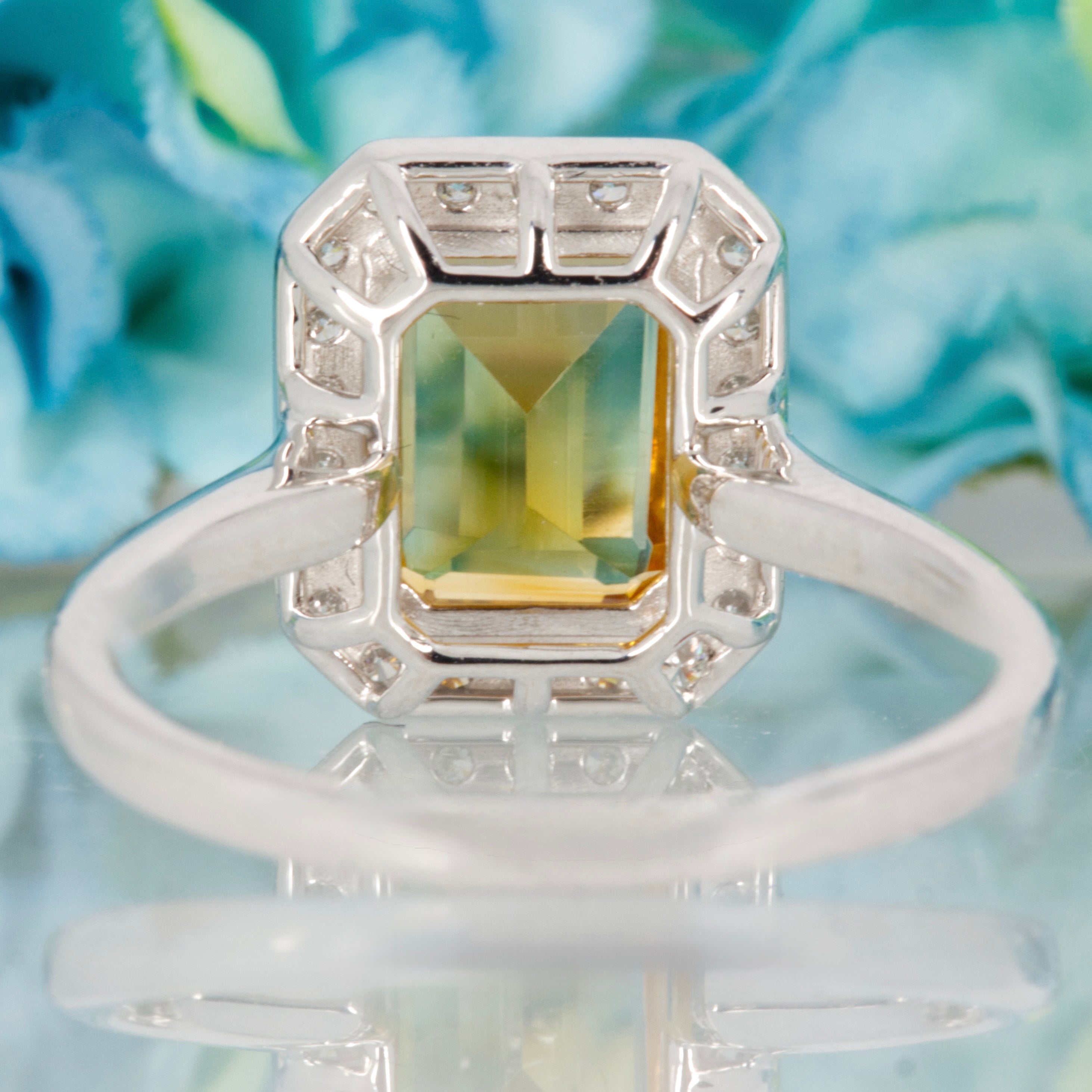 9ct White Gold Octagonal Cut Citrine & Round Brilliant Cut Diamond Halo Cluster Ring