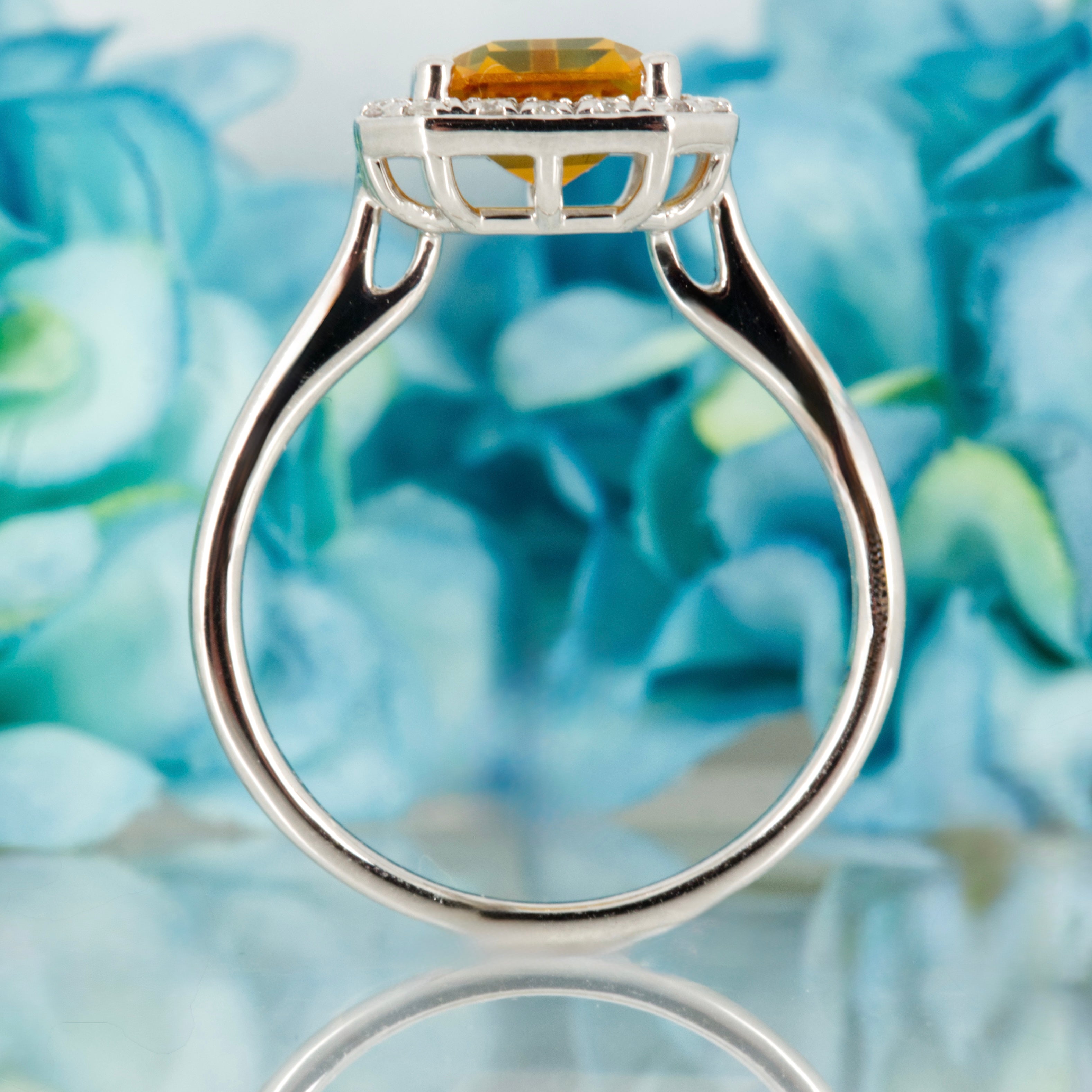 9ct White Gold Octagonal Cut Citrine & Round Brilliant Cut Diamond Halo Cluster Ring