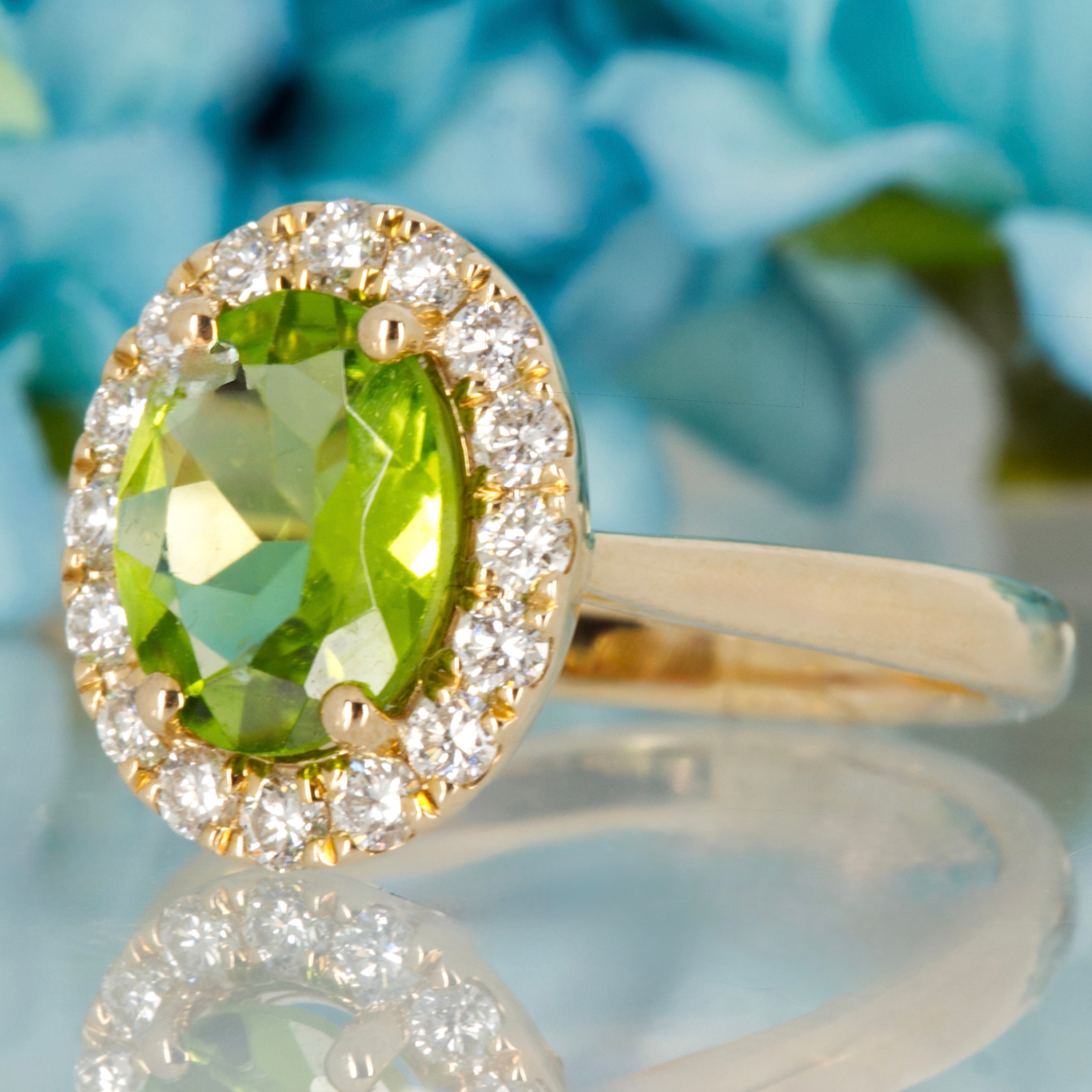 9ct Yellow Gold Oval Cut Peridot & Round Brilliant Cut Diamond Halo Cluster Ring