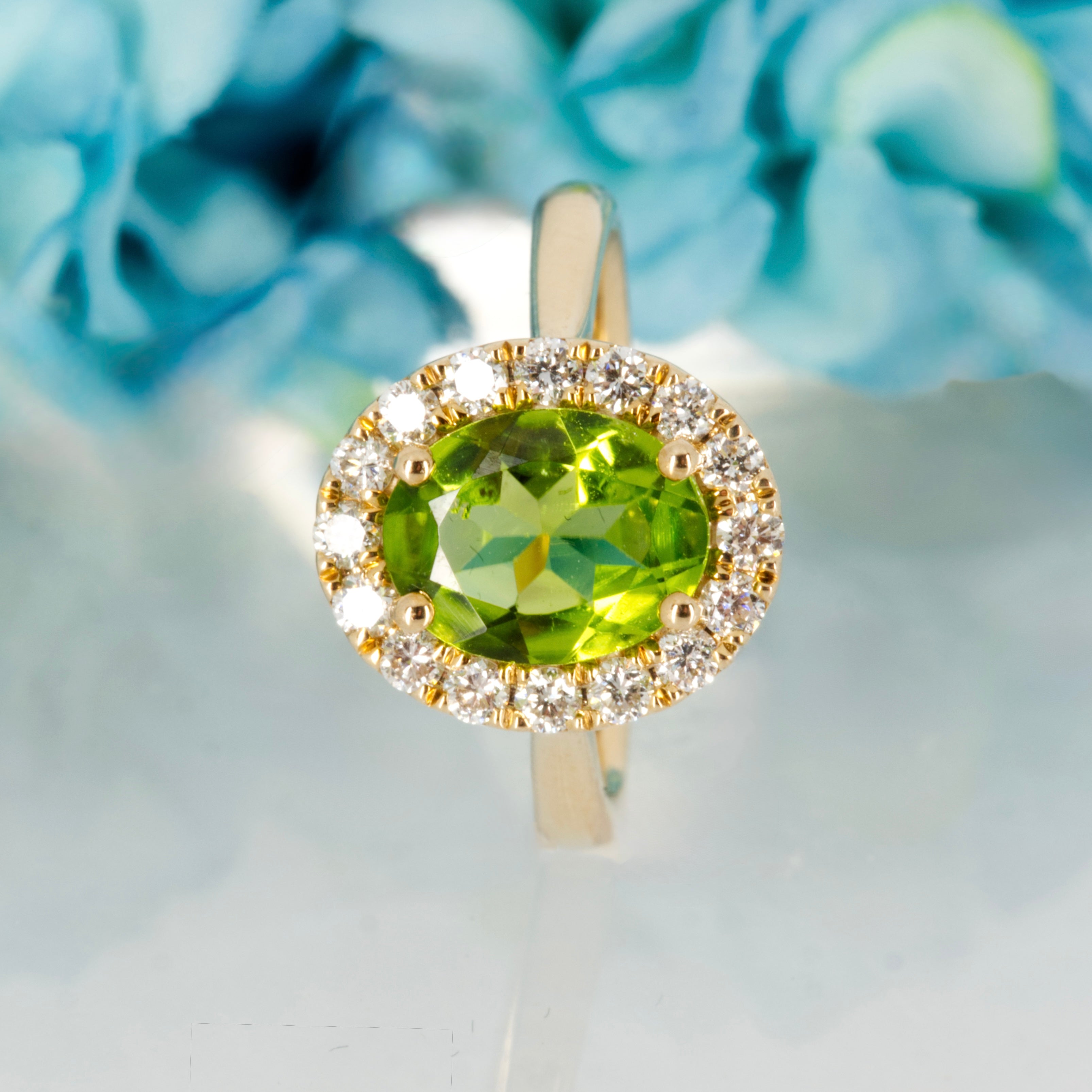9ct Yellow Gold Oval Cut Peridot & Round Brilliant Cut Diamond Halo Cluster Ring