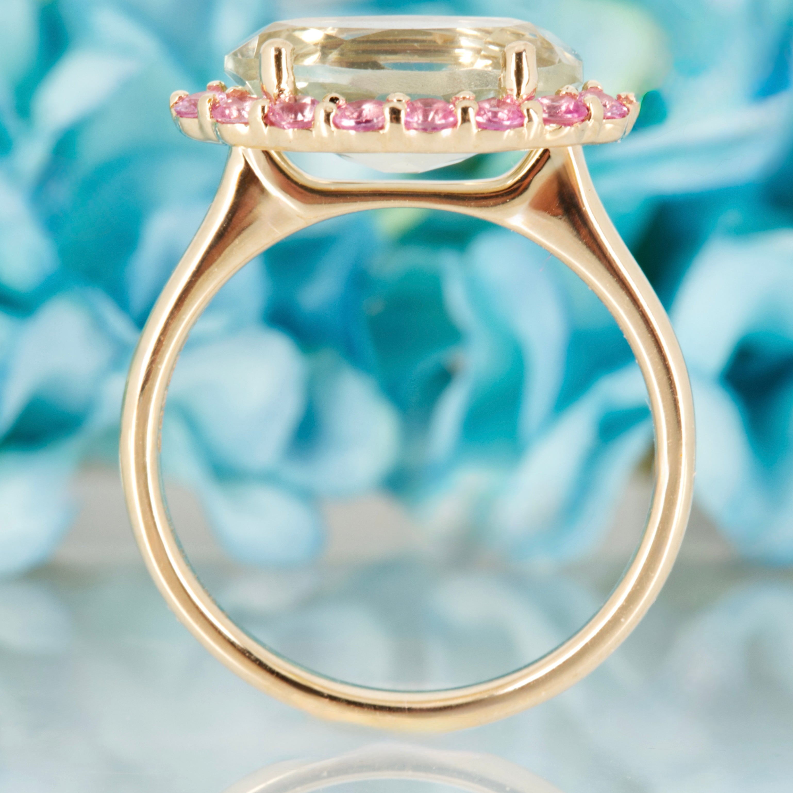 9ct Yellow Gold Oval Cut Green Amethyst & Round Cut Pink Sapphire Dress Ring