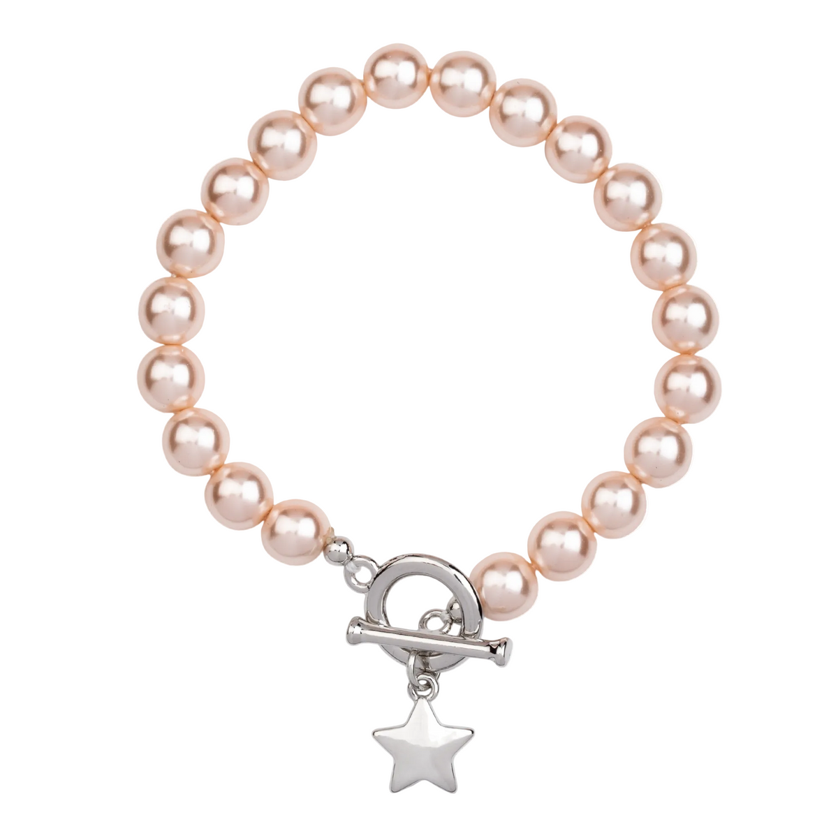 Rhodium Plated Pink Mother-Of-Pearl Bead Bracelet with Star Charm