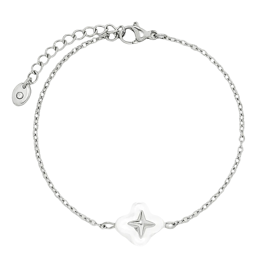 Rhodium Plated Mother-Of-Pearl Clover Bracelet