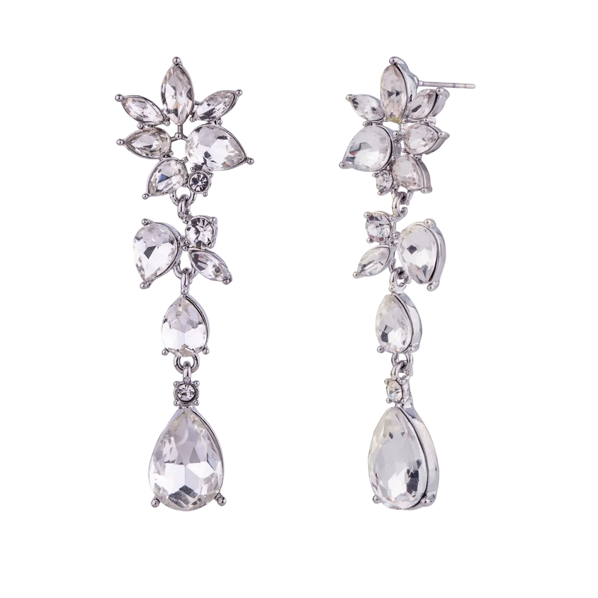 Rhodium Plated Cubic Zirconia Set Floral Drop Earrings
