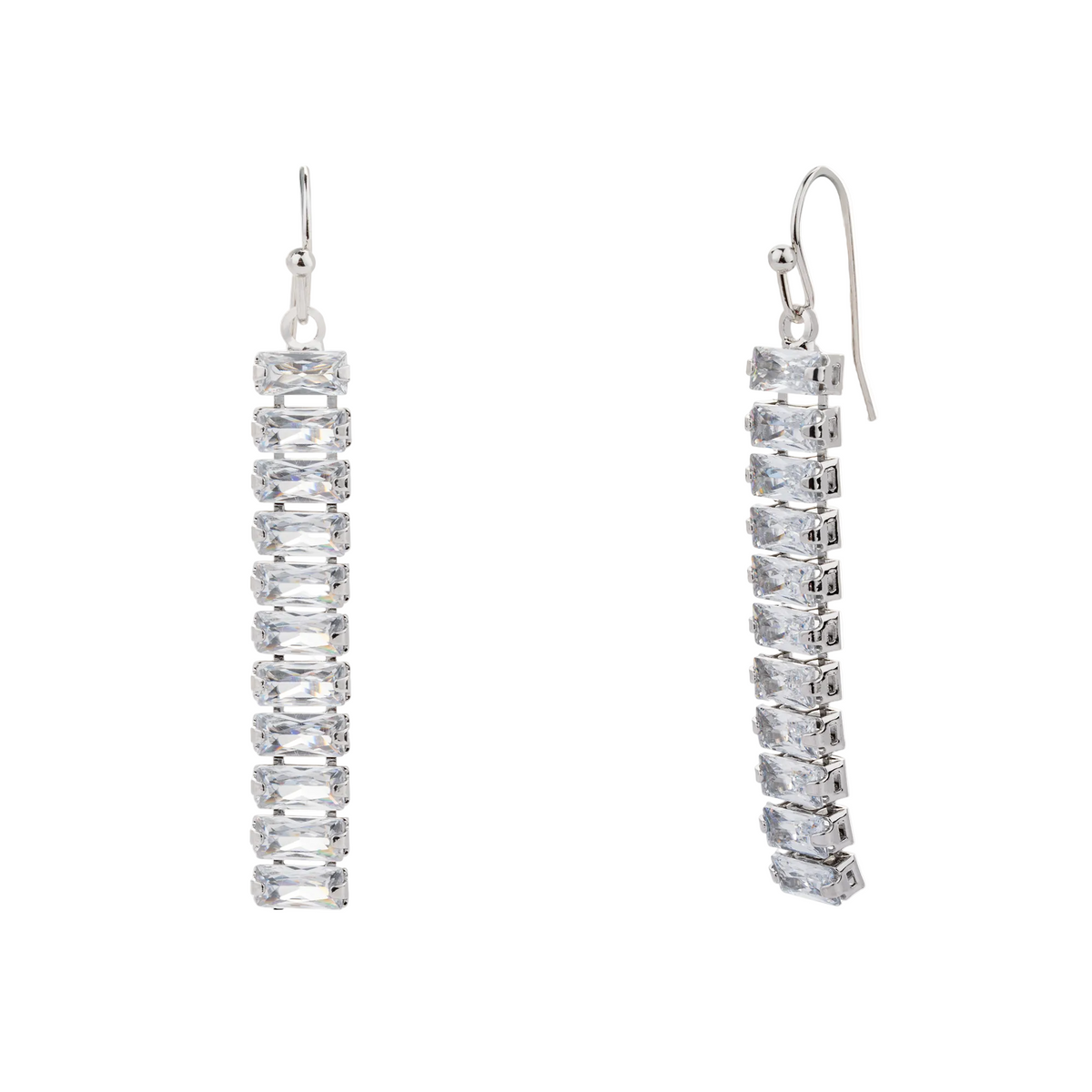 Rhodium Plated Baguette Cut Cubic Zirconia Drop Earrings