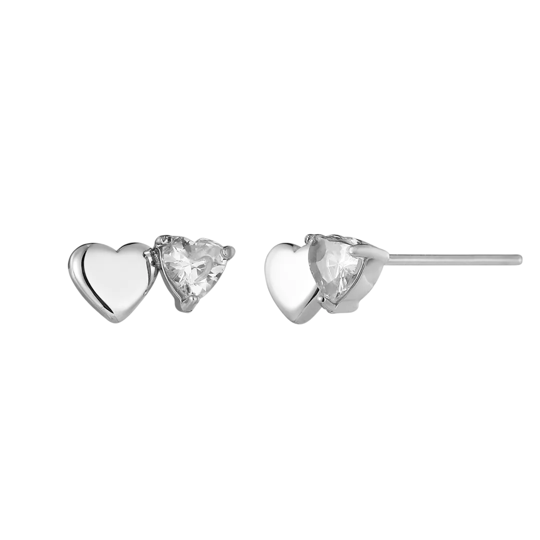 Rhodium Plated Double Heart Cubic Zirconia Set Stud Earrings