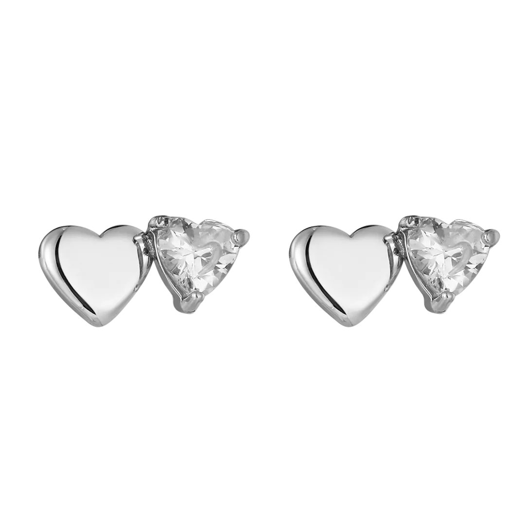 Rhodium Plated Double Heart Cubic Zirconia Set Stud Earrings