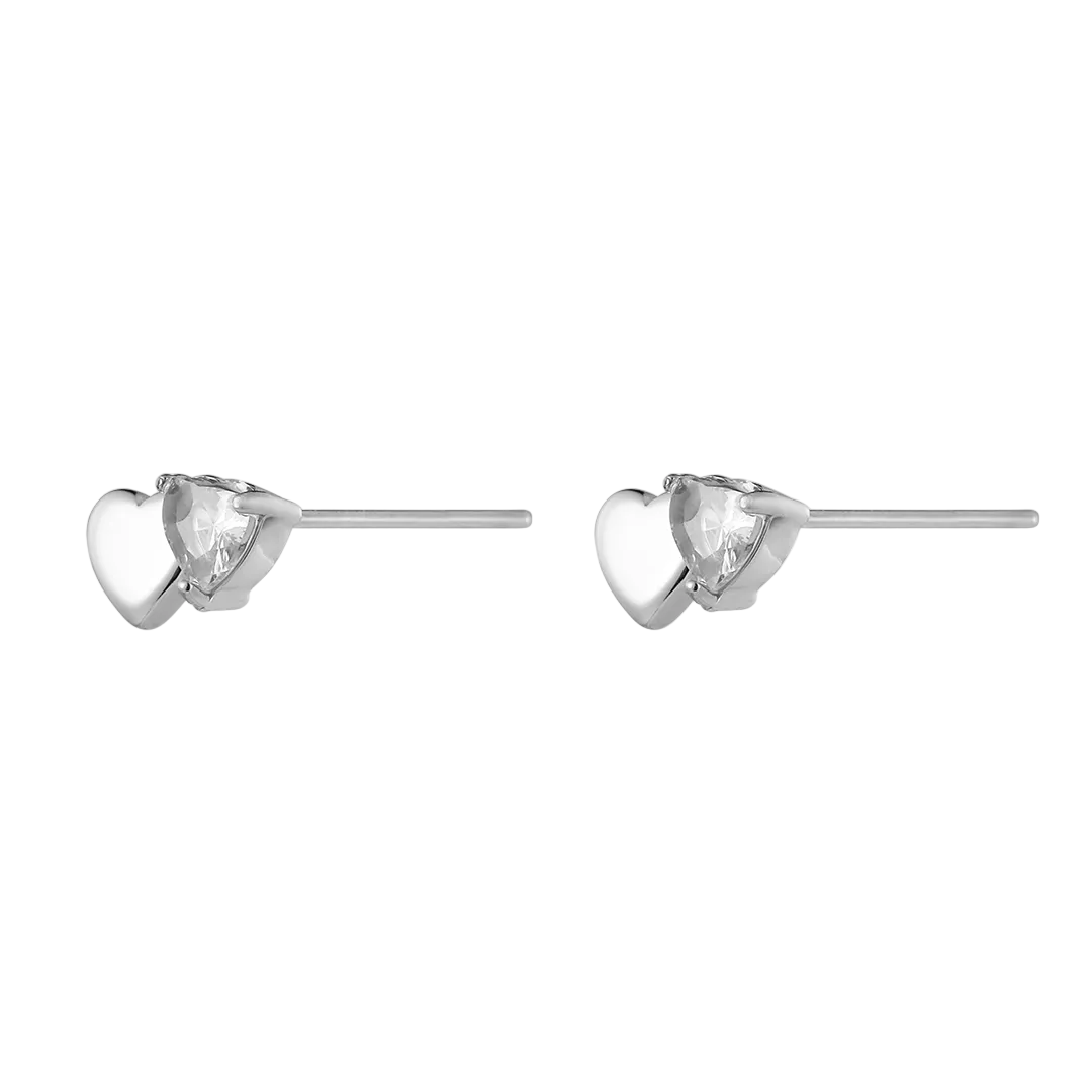 Rhodium Plated Double Heart Cubic Zirconia Set Stud Earrings