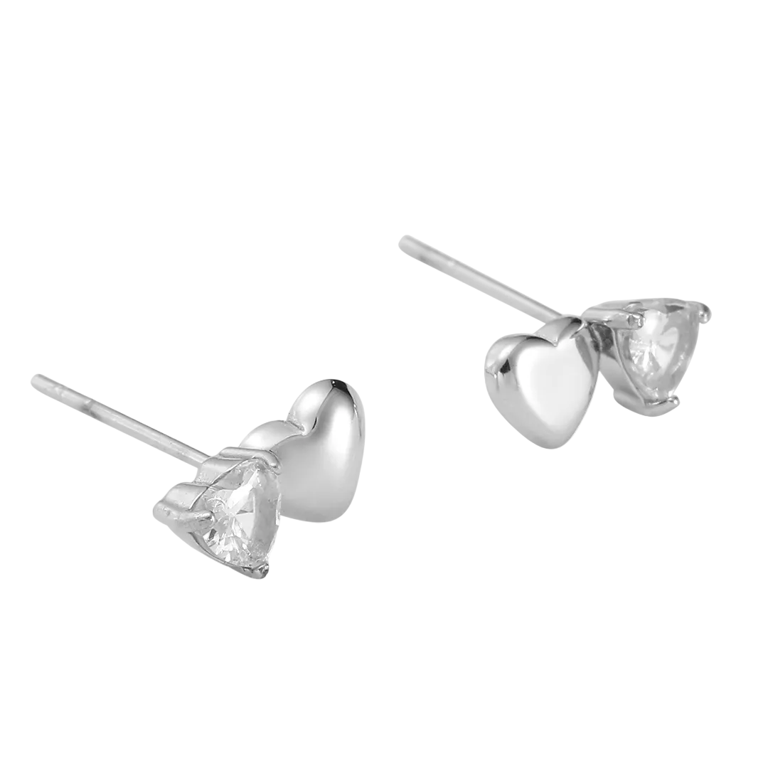 Rhodium Plated Double Heart Cubic Zirconia Set Stud Earrings