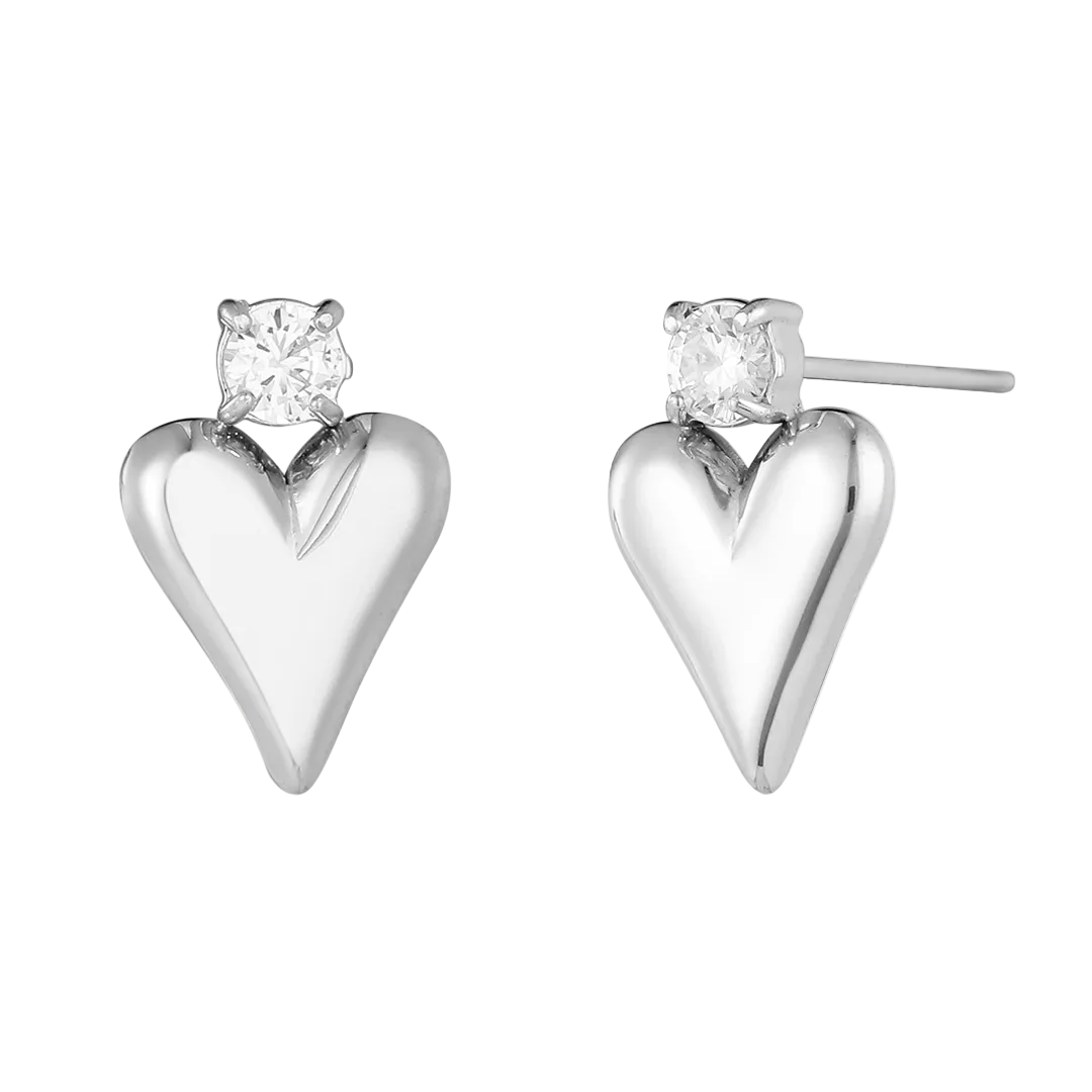 Rhodium Plated Heart & Cubic Zirconia Set Drop Earrings