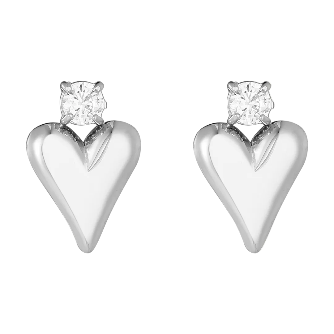 Rhodium Plated Heart & Cubic Zirconia Set Drop Earrings