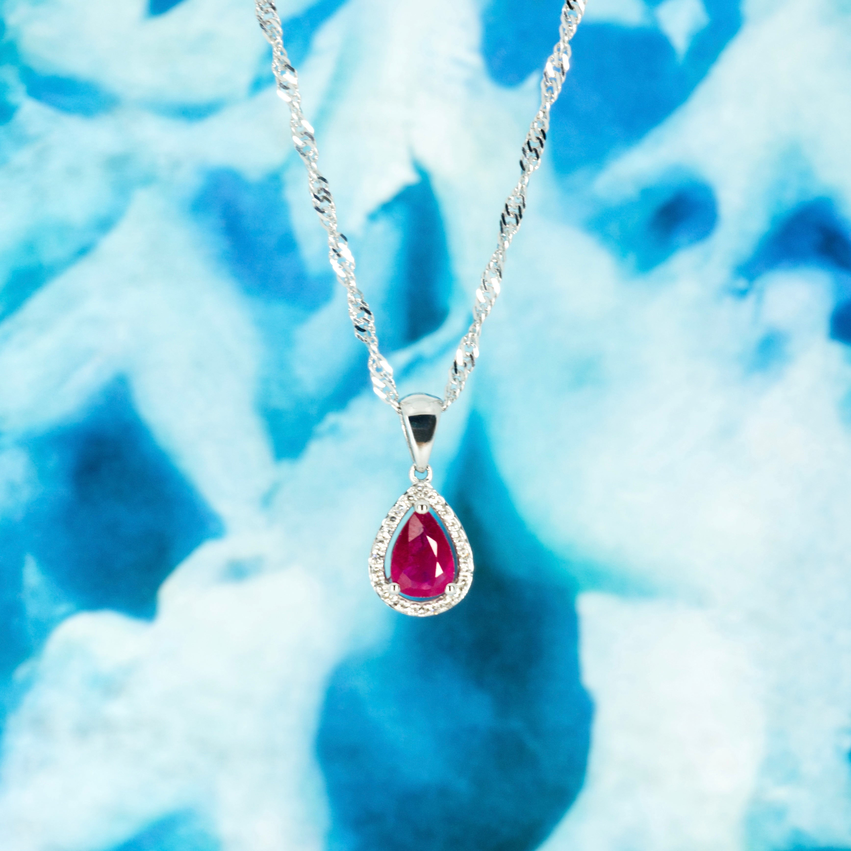 9ct White Gold Pear Cut Ruby & Round Brilliant Cut Diamond Cluster Pendant & Chain